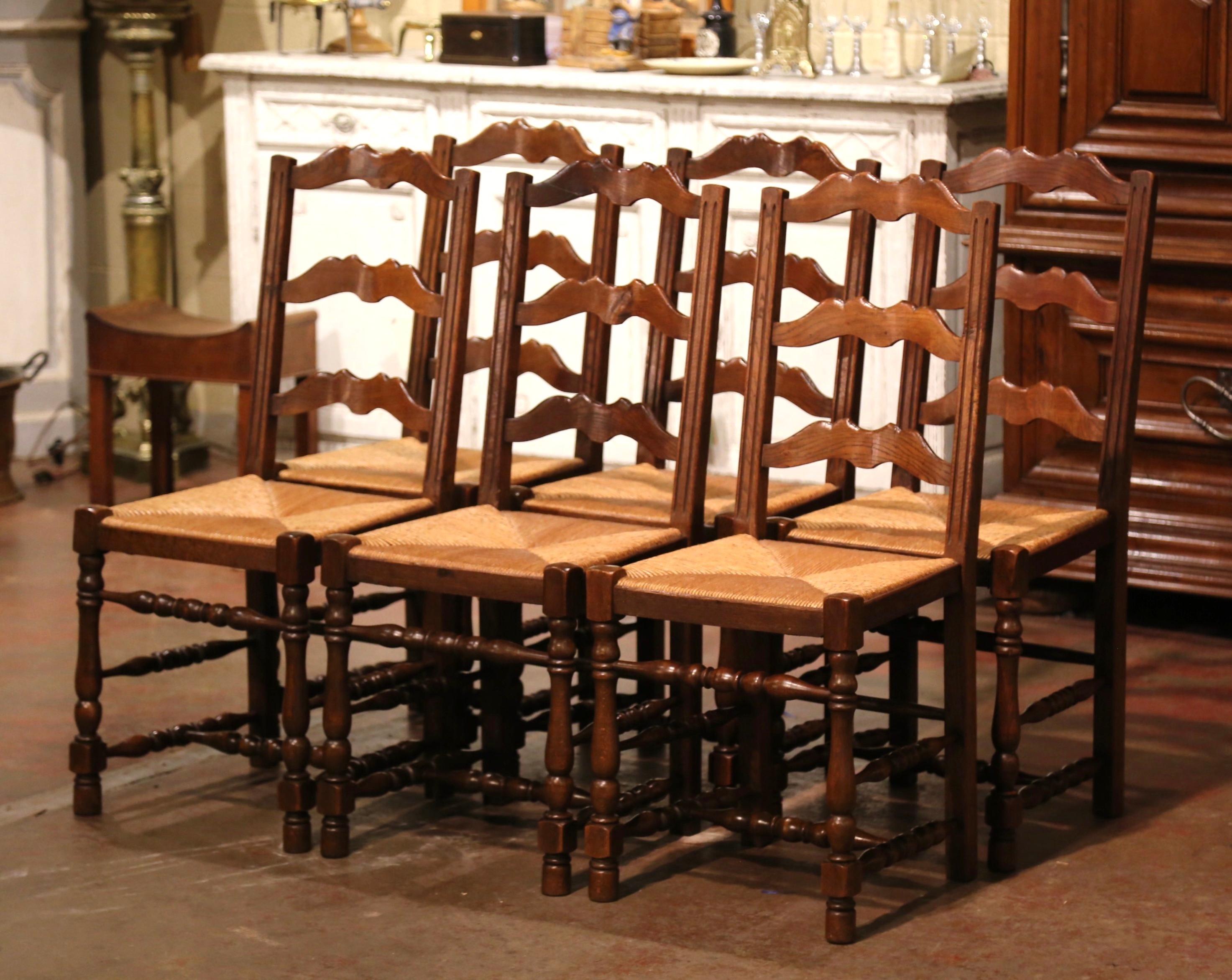 20th Century Set of 6 Mid-Century Carved Oak Ladder Back Chairs with Rush Seat from Normandy