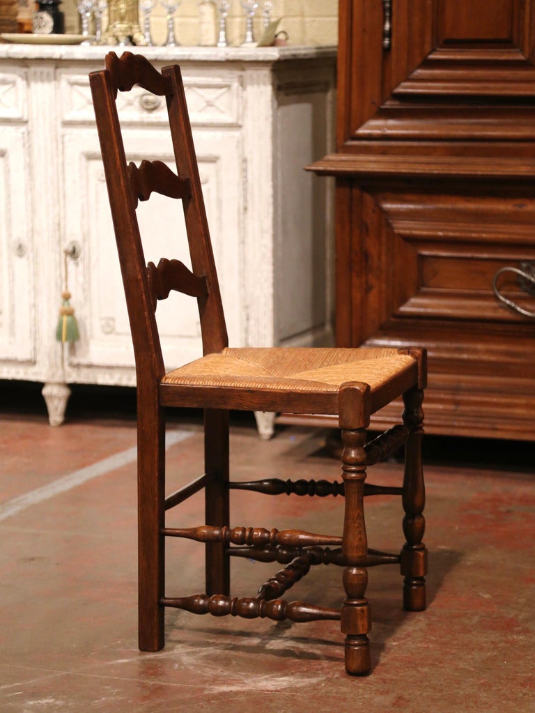 Set of 6 Mid-Century Carved Oak Ladder Back Chairs with Rush Seat from Normandy For Sale 2