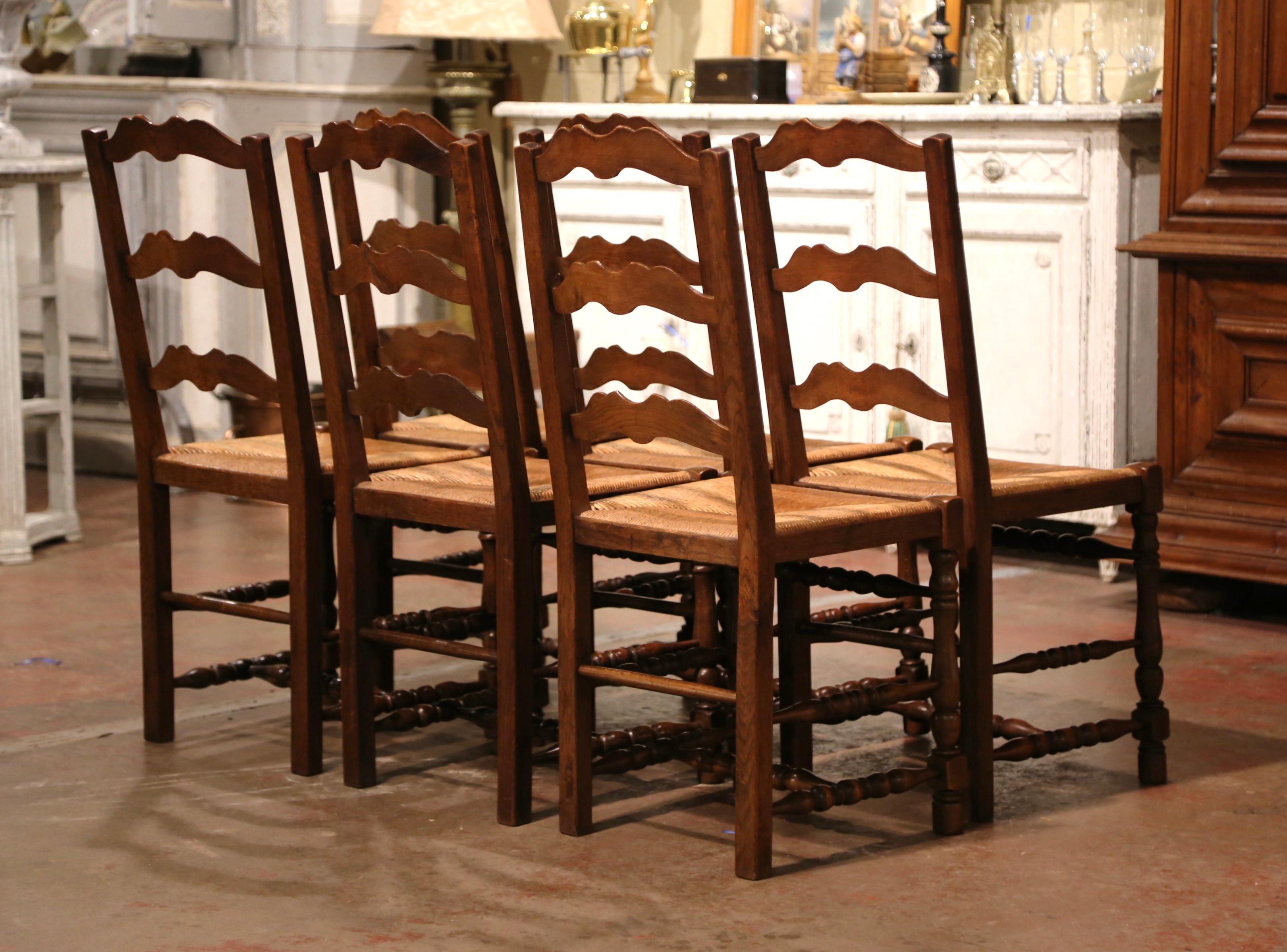 Set of 6 Mid-Century Carved Oak Ladder Back Chairs with Rush Seat from Normandy 2