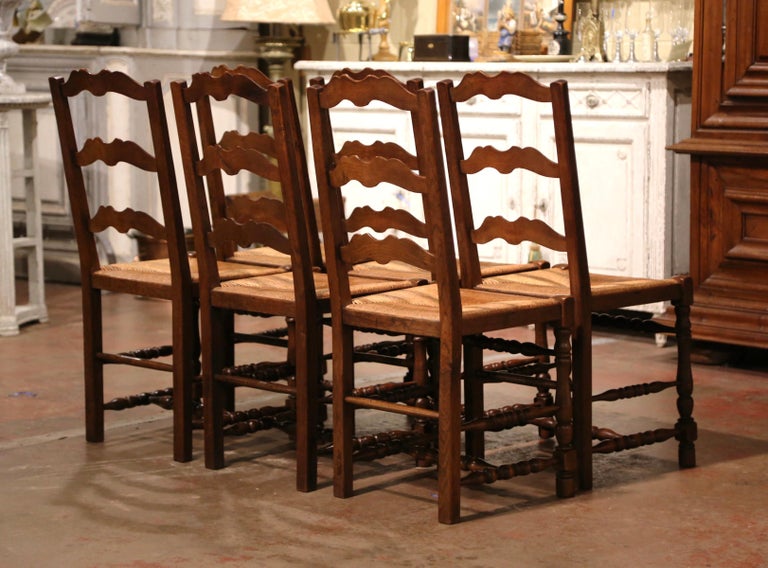 Set of 6 Mid-Century Carved Oak Ladder Back Chairs with Rush Seat from Normandy For Sale 3