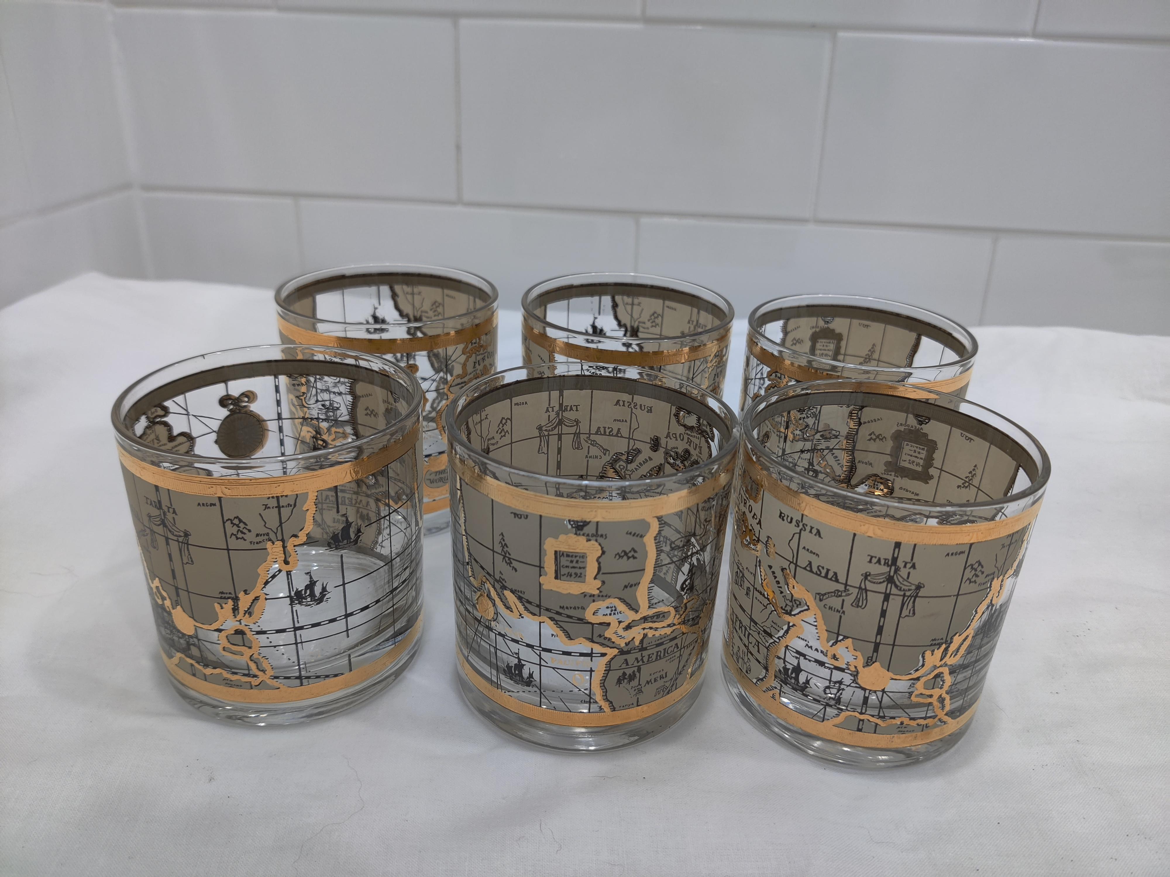Set of 6 Mid Century Cera 22K Gold World Atlas Old Fashioned Rock Glasses
Good Condition
Little or no ware
Gold is intact