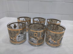 Set of 6 Mid Century Cera 22K Gold World Atlas Old Fashioned Rock Glasses