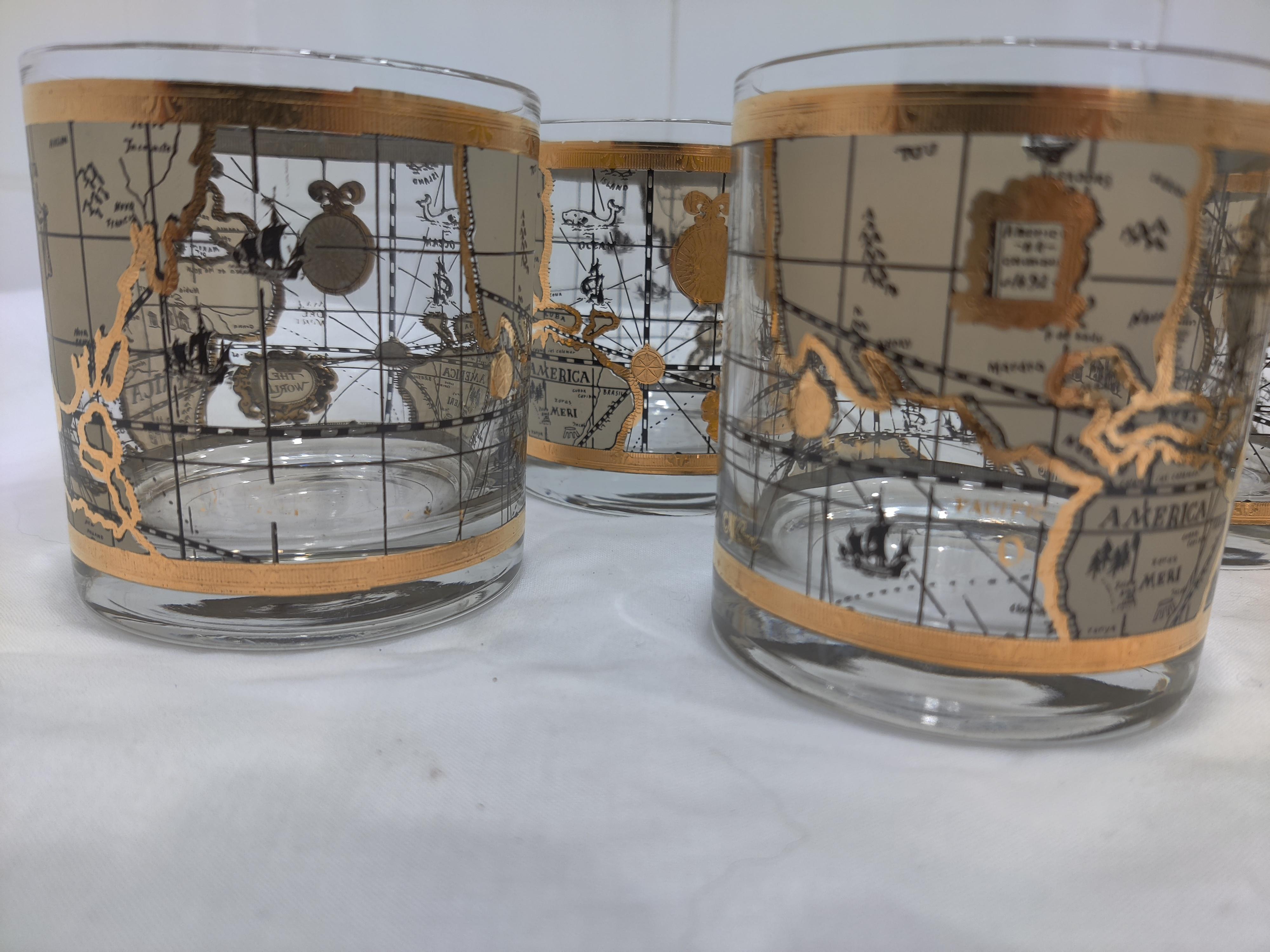 Set of 6 Mid Century Cera 22K Gold World Atlas Old Fashioned Rock Glasses For Sale 2