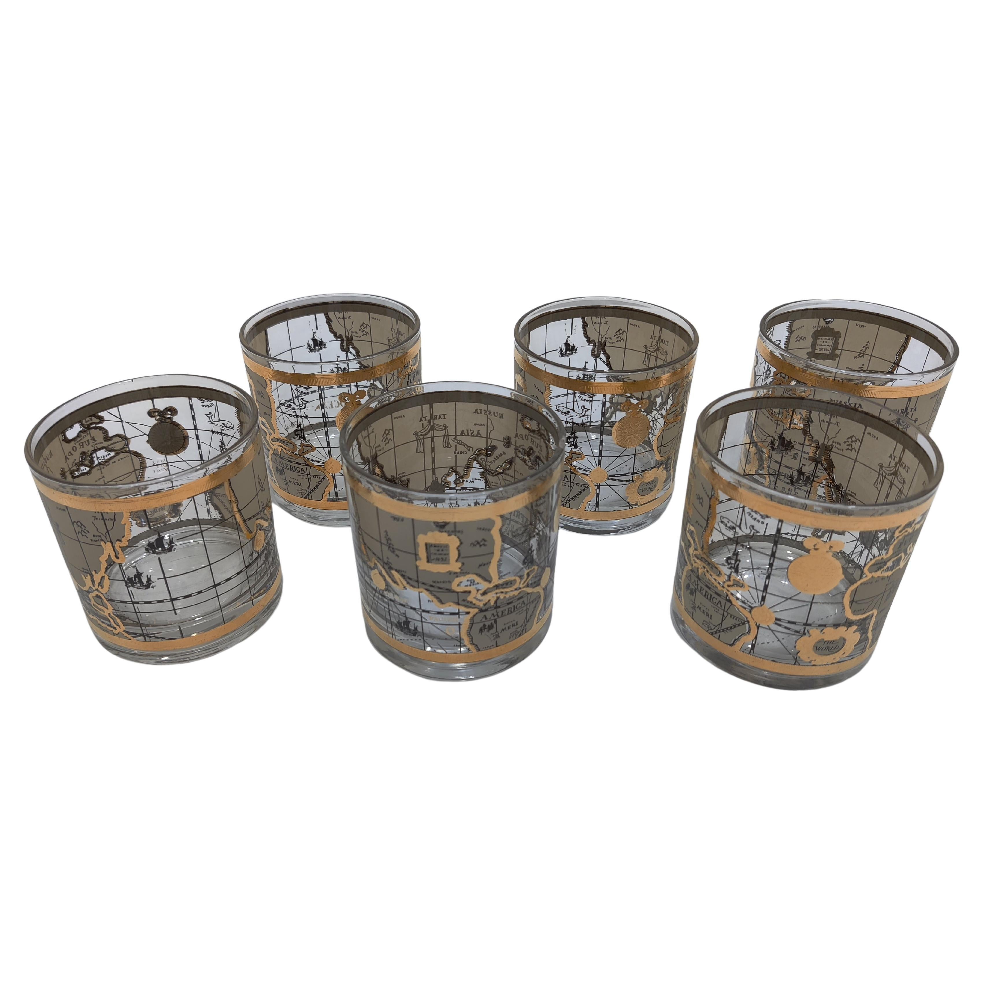 Juego de 6 Vasos de roca Mid Century Cera 22K Gold World Atlas Old Fashioned
