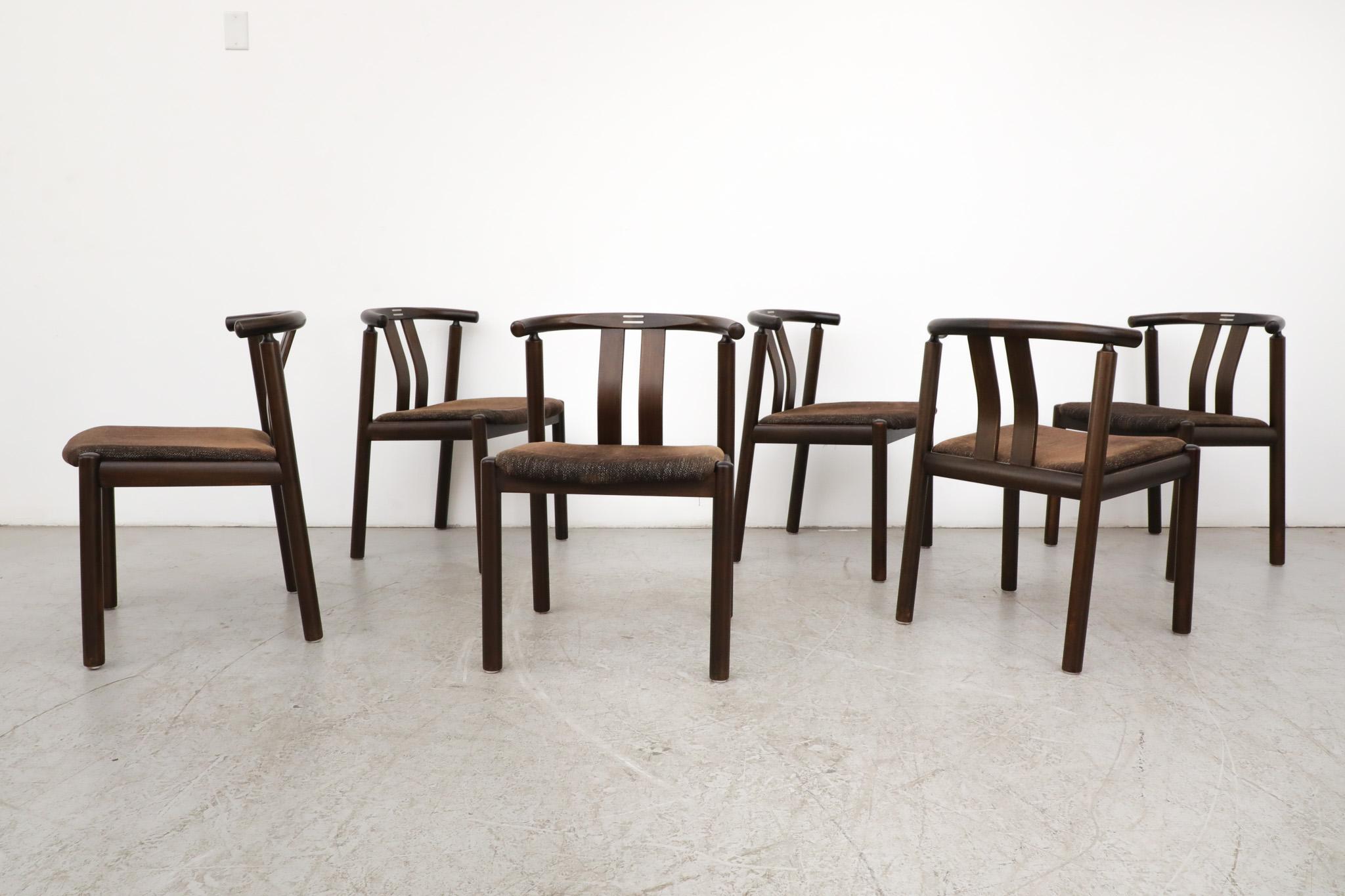 Set of 6 'Cleopatra' dining chairs by Hans J. Frydendal for Boltinge. Beautiful vintage set with dark stained bentwood frames and upholstered seats. In original condition with some visible wear consistent with their age and use. Matching oval dining