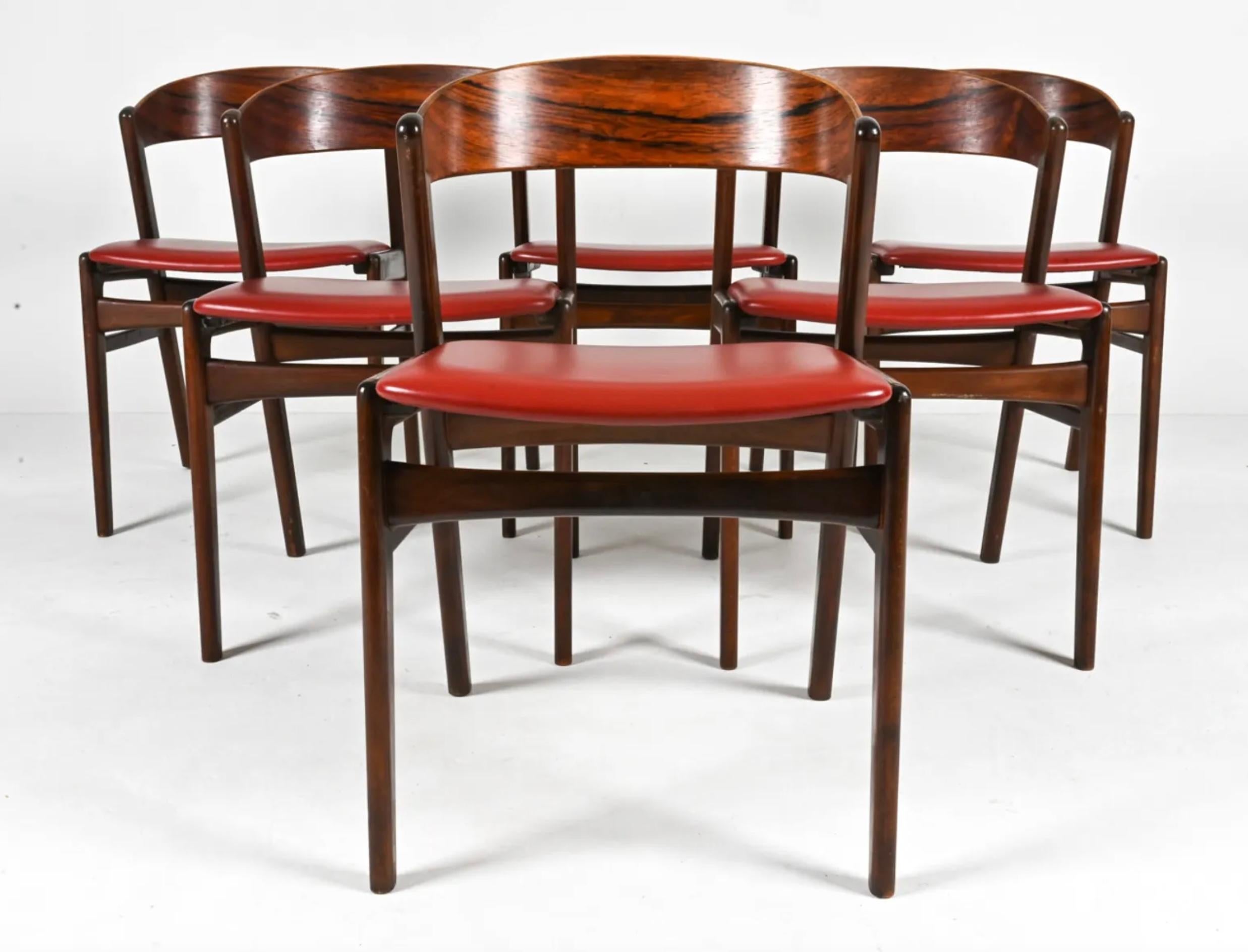 Scandinavian Modern Set of 6 mid century danish modern rosewood ribbon back dining table chairs 