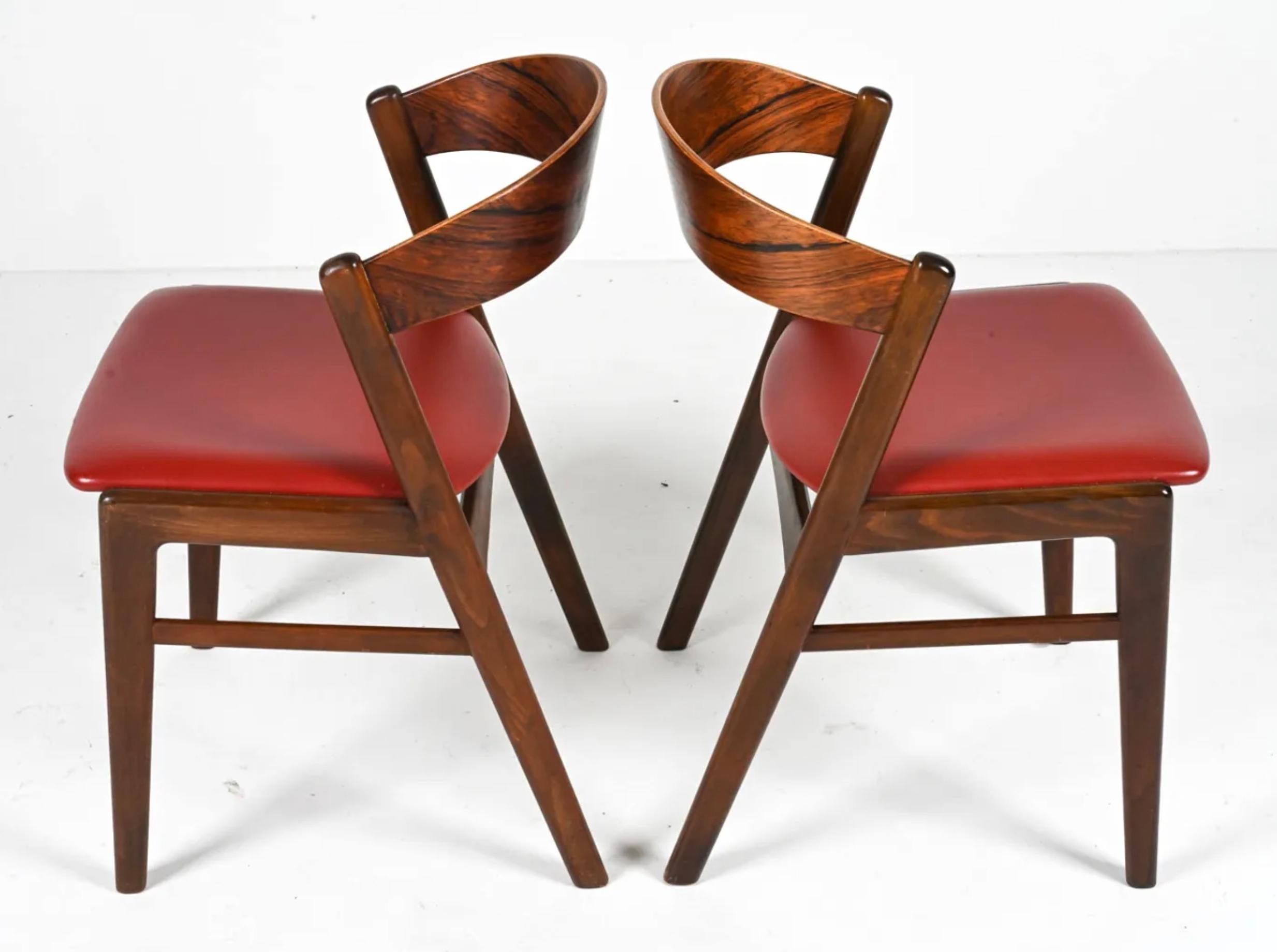 Set of 6 mid century danish modern rosewood ribbon back dining table chairs  In Good Condition In BROOKLYN, NY