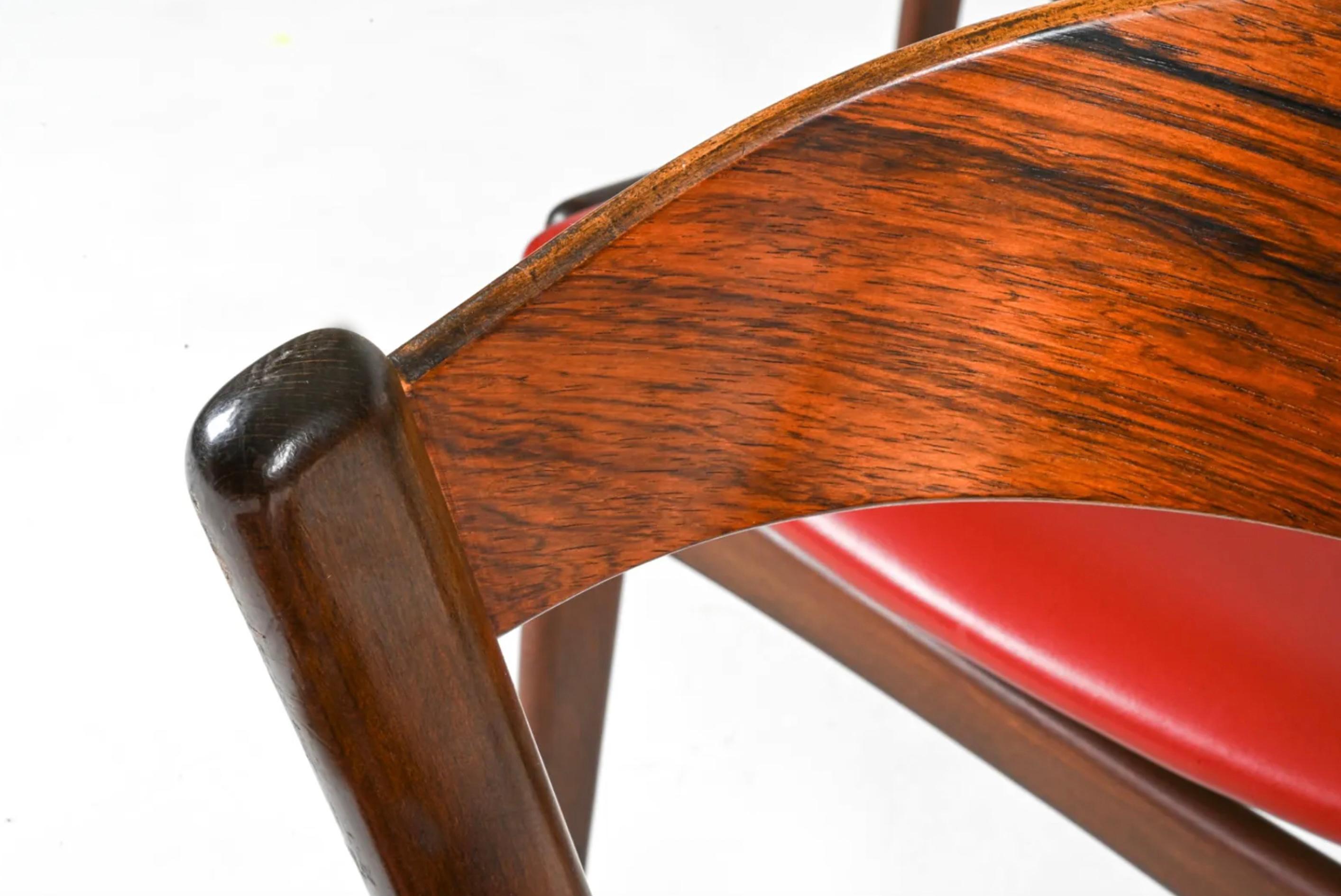 Naugahyde Set of 6 mid century danish modern rosewood ribbon back dining table chairs 