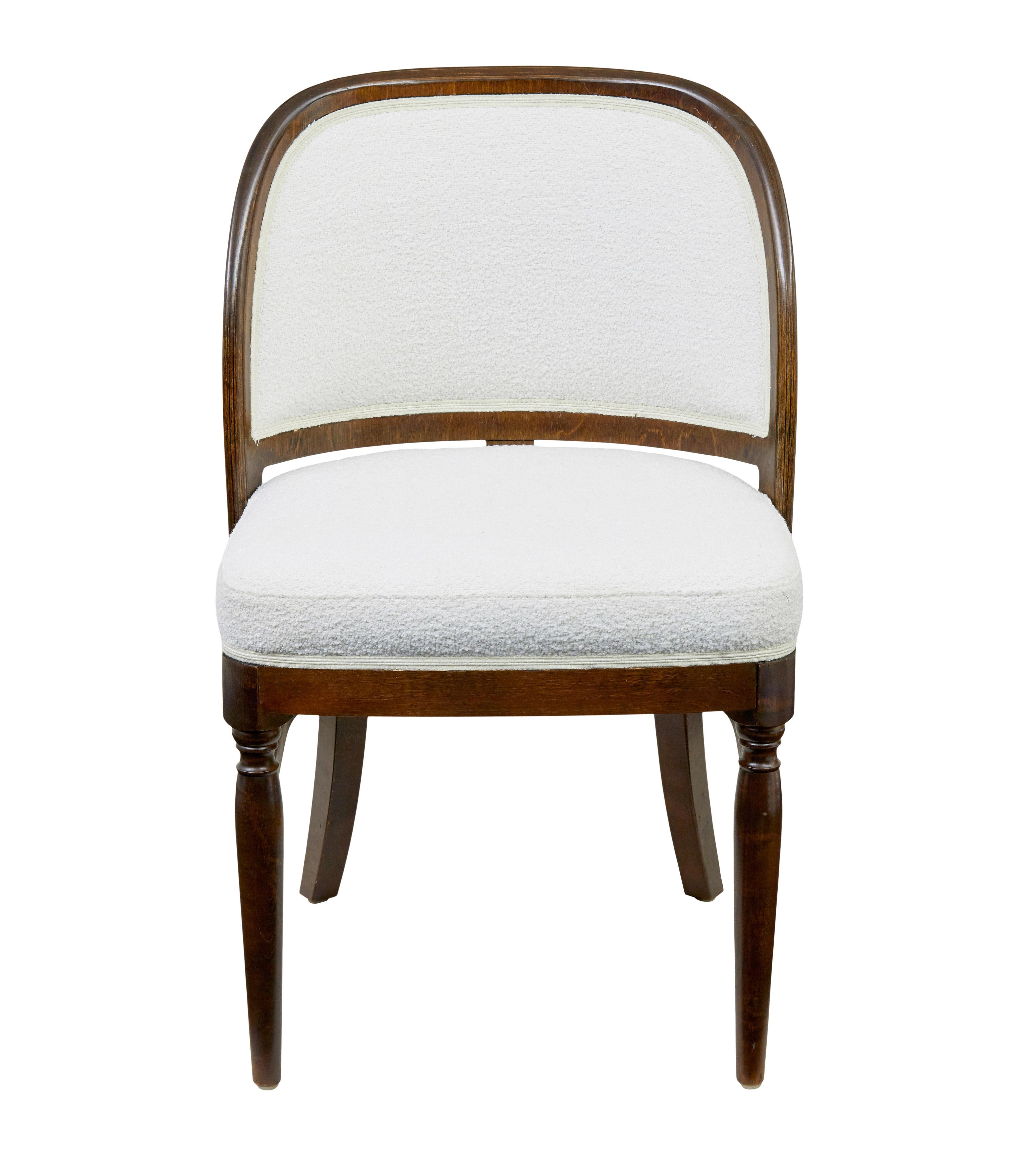 Set of 6 mid century Finnish dining chairs by Asko, circa 1960.

Fine quality set of asko export dining chairs from Finland.  Made from solid beech with walnut veneers to the back rest and lavishly upholstered in a soft wool.  Show frame design