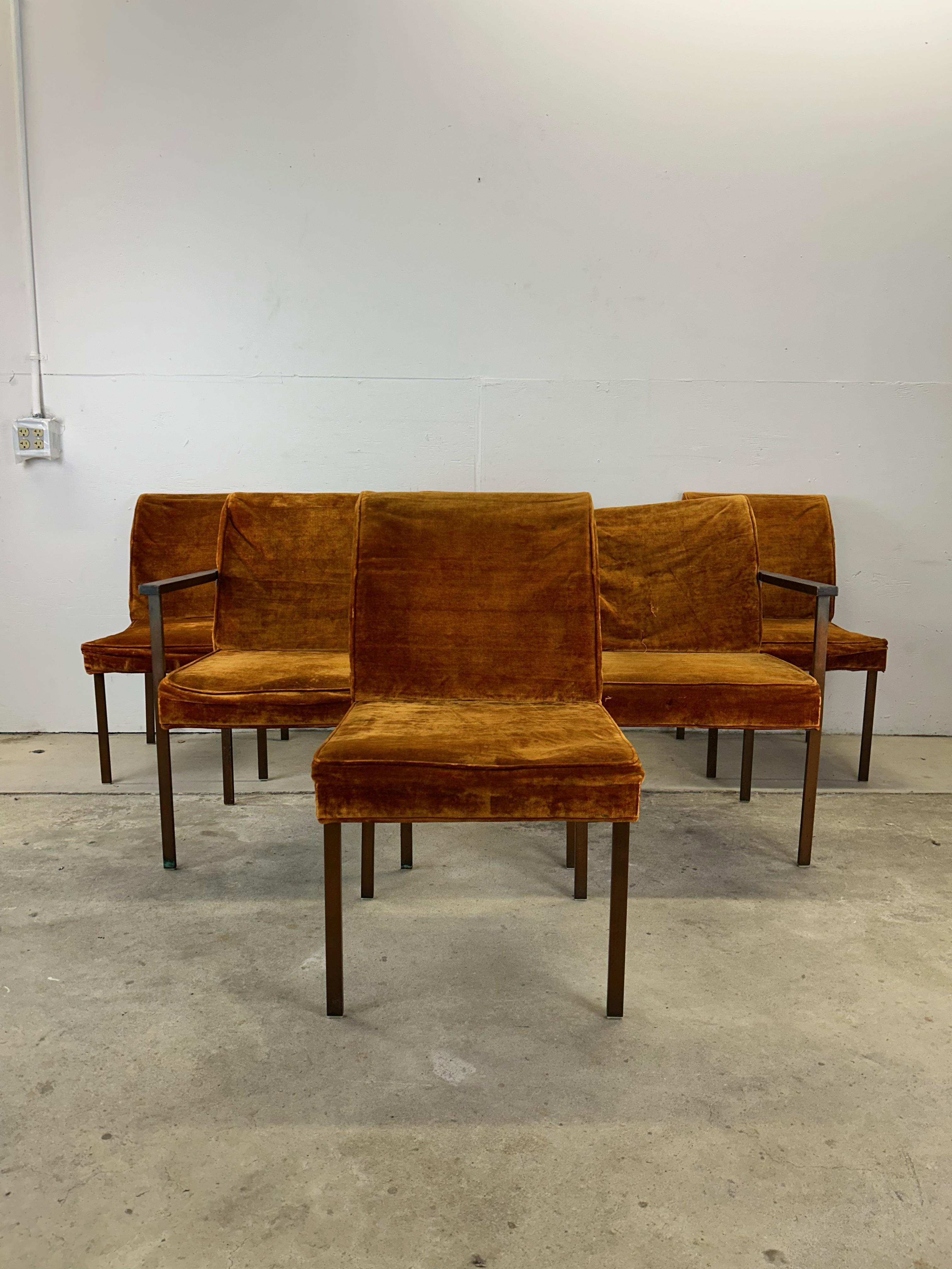 This set of six mid century dining chairs by Lane Furniture feature vintage burnt orange upholstery, metal frame and solid walnut arm rests.

Dimensions: 23w 21d 33h 17sh 25.5ah

Condition: This set of chairs is desperately in need of restoration.