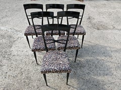 Set of 6 Mid Century Dining Chairs in black lacquer and leopard print plush