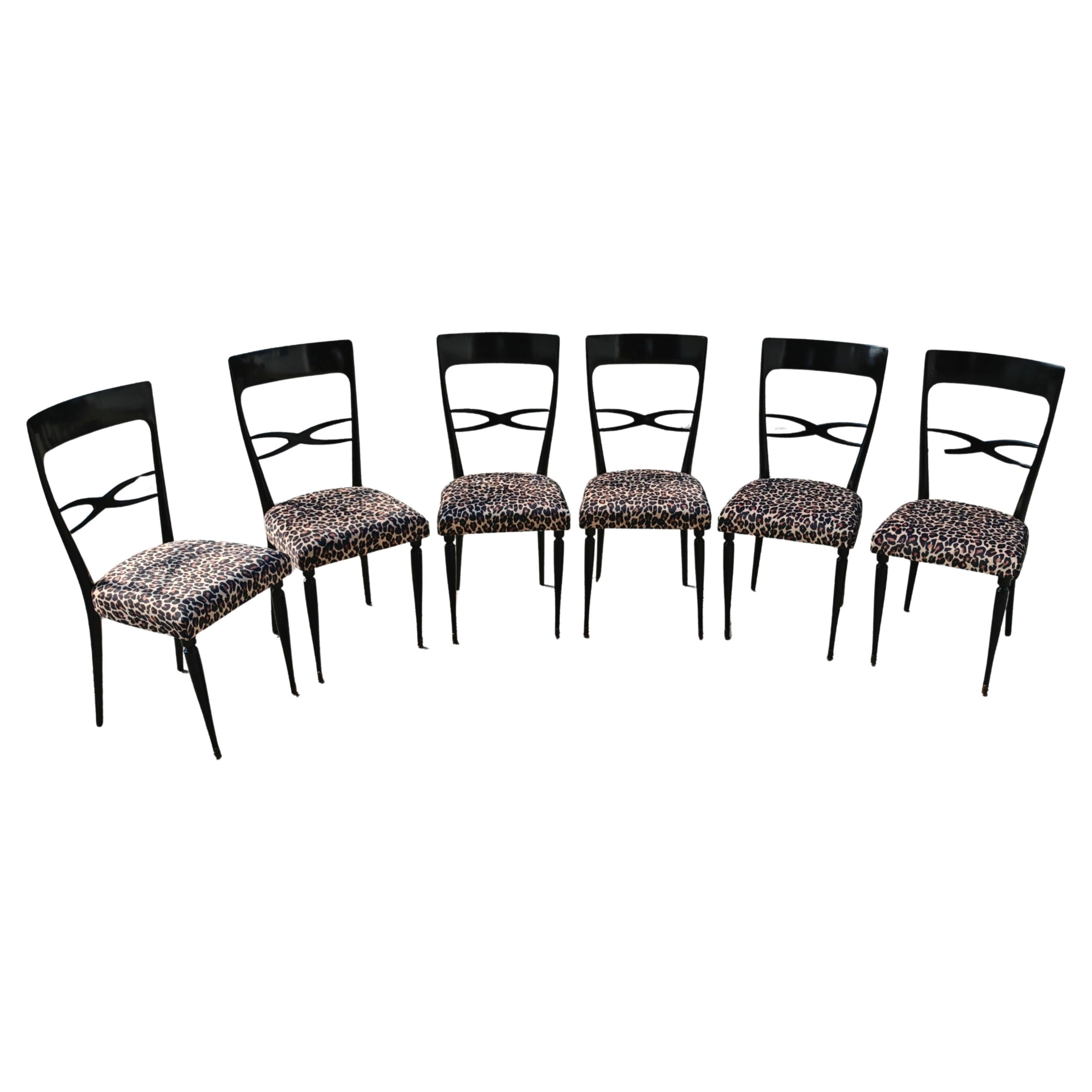 Set di 6 sedie da pranzo del Mid Century in lacca nera e peluche leopardato