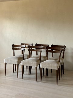 Set of 6 Mid-Century Dining Chairs in Dark Wood and Neutral Upholstery, c. 1950s