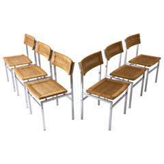 Set of 6 Mid-Century Dining Chairs in Wicker and Aluminium, Belgium 1950s