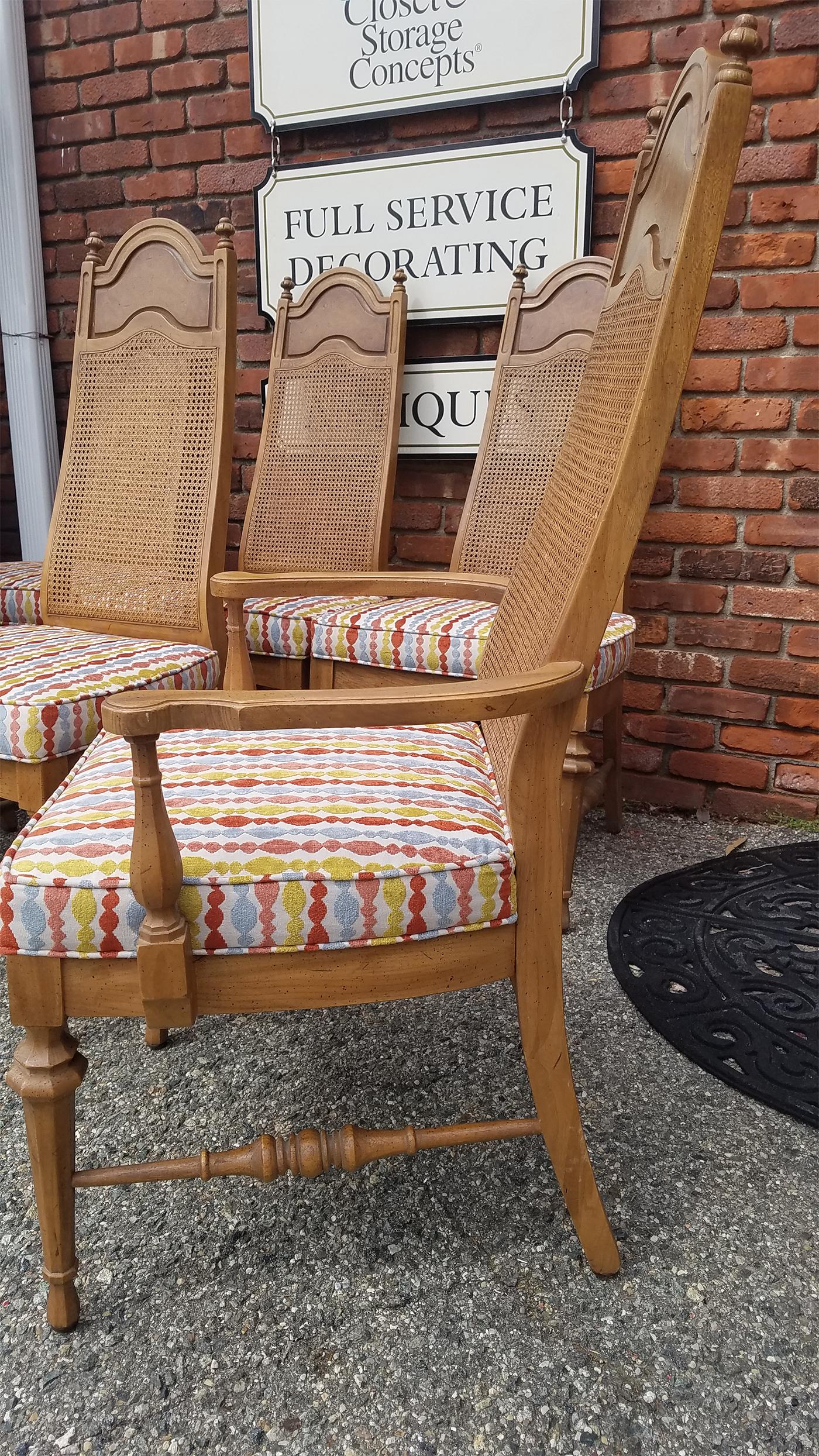Cane Set of 6 Midcentury Dining Chairs, Multicolored Upholstery For Sale