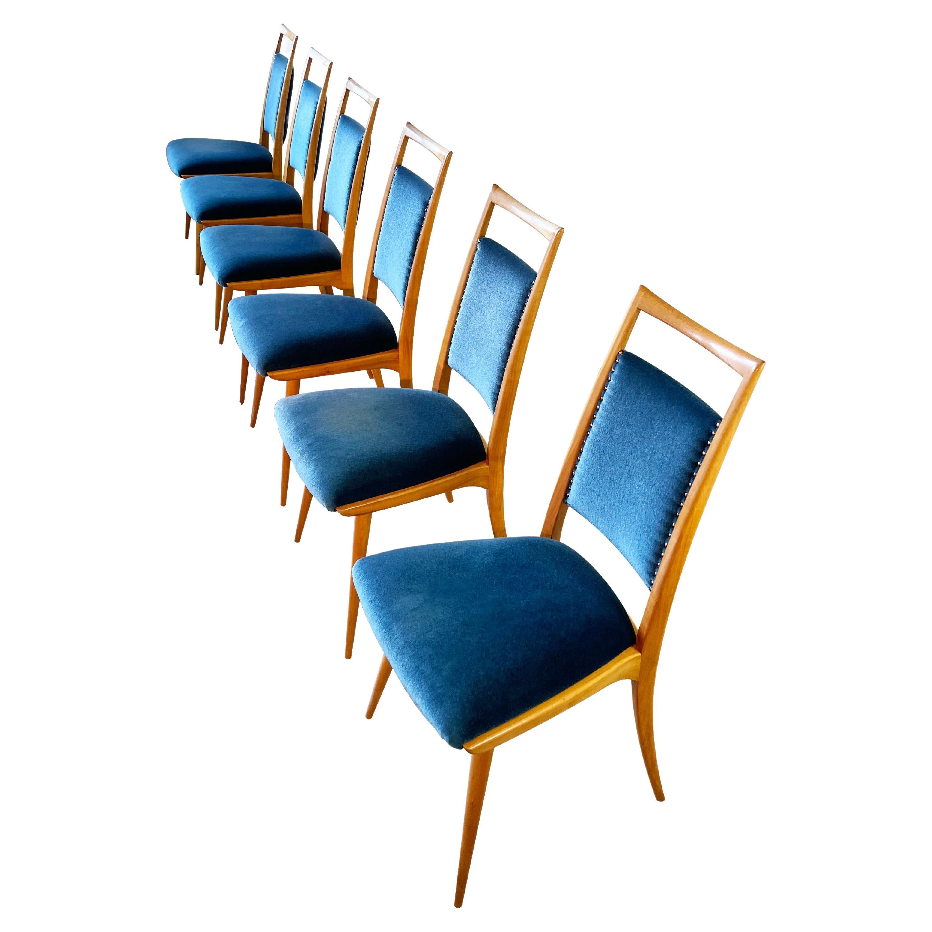 Mid-Century Modern Set of 6 Mid Century Dining Chairs, Turquoise Velvet by Dettinger, Germany For Sale