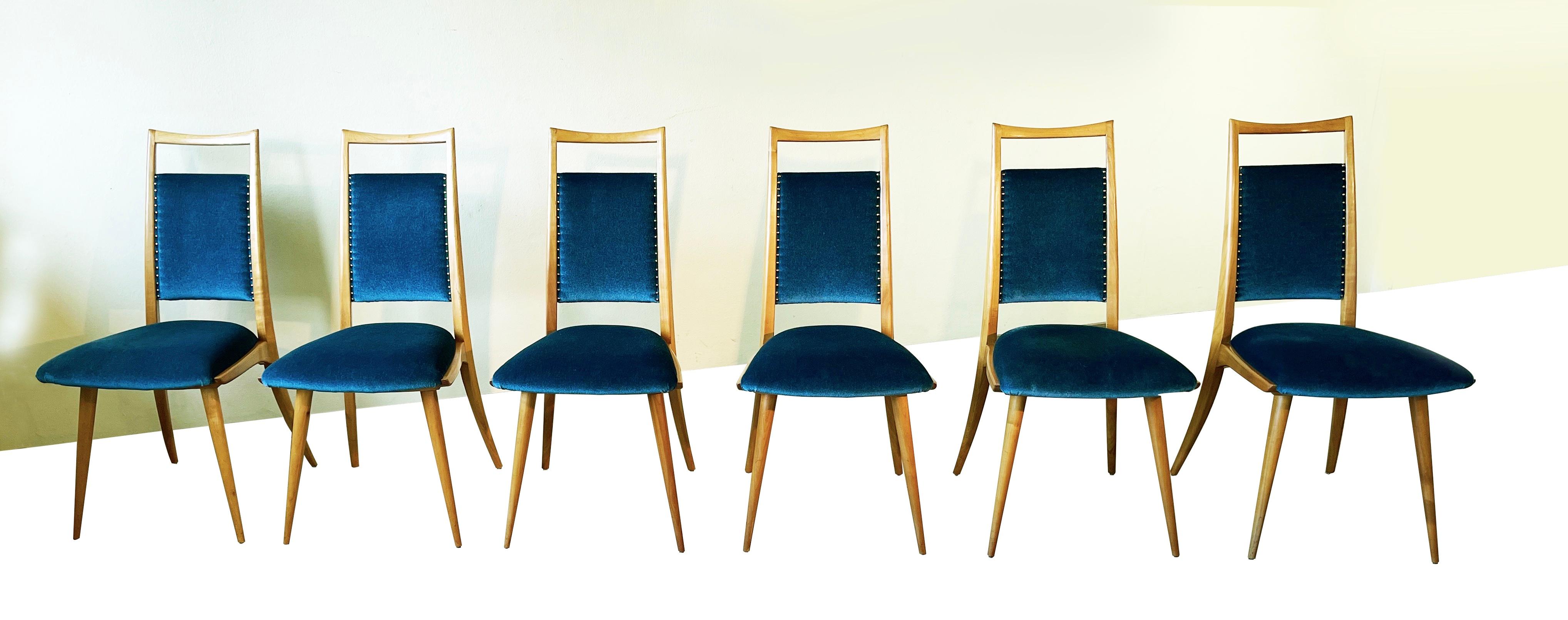 Hand-Crafted Set of 6 Mid Century Dining Chairs, Turquoise Velvet by Dettinger, Germany For Sale