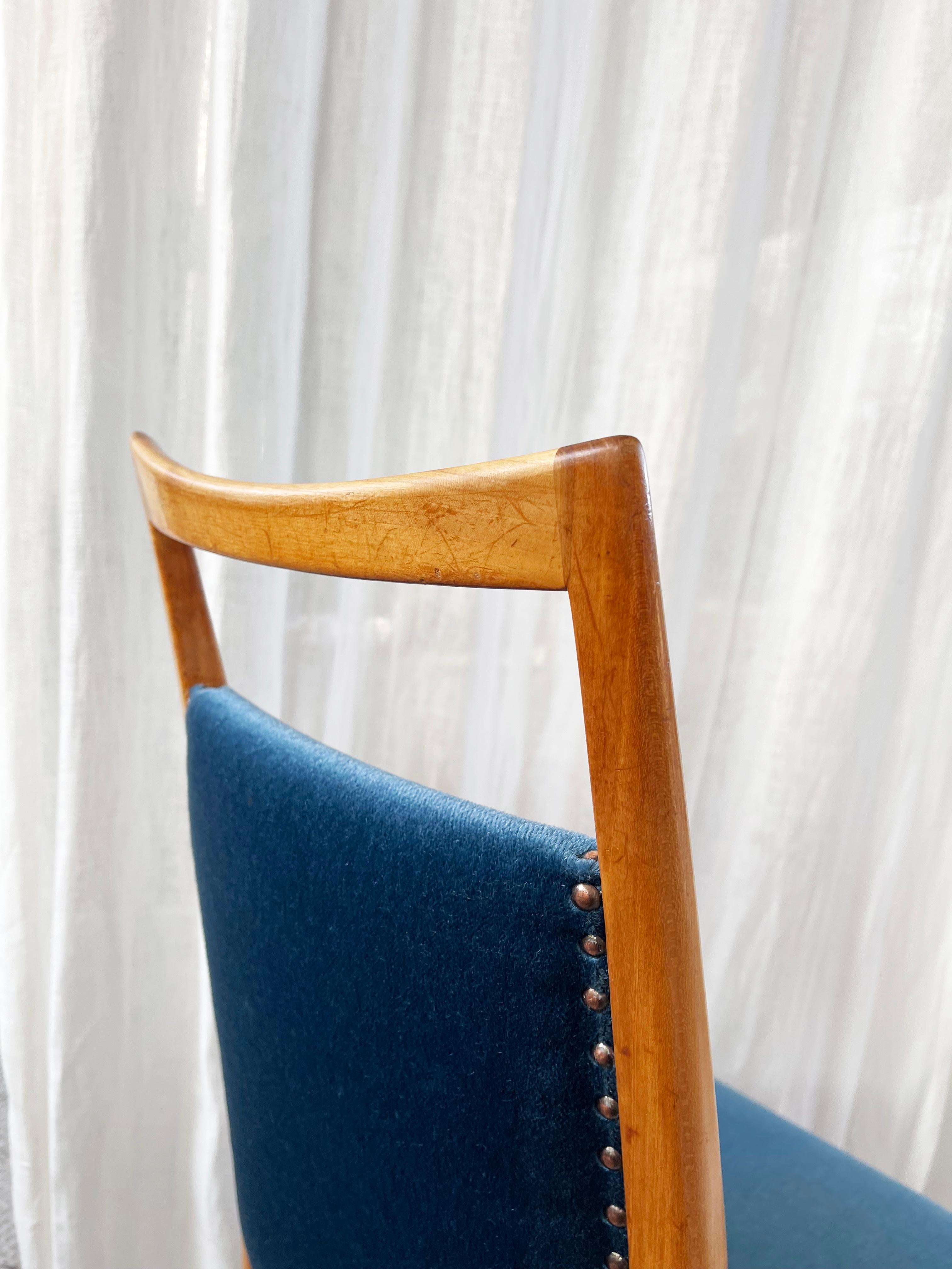 Milieu du XXe siècle Ensemble de 6 chaises de salle à manger du milieu du siècle, velours turquoise de Dettinger, Allemagne en vente