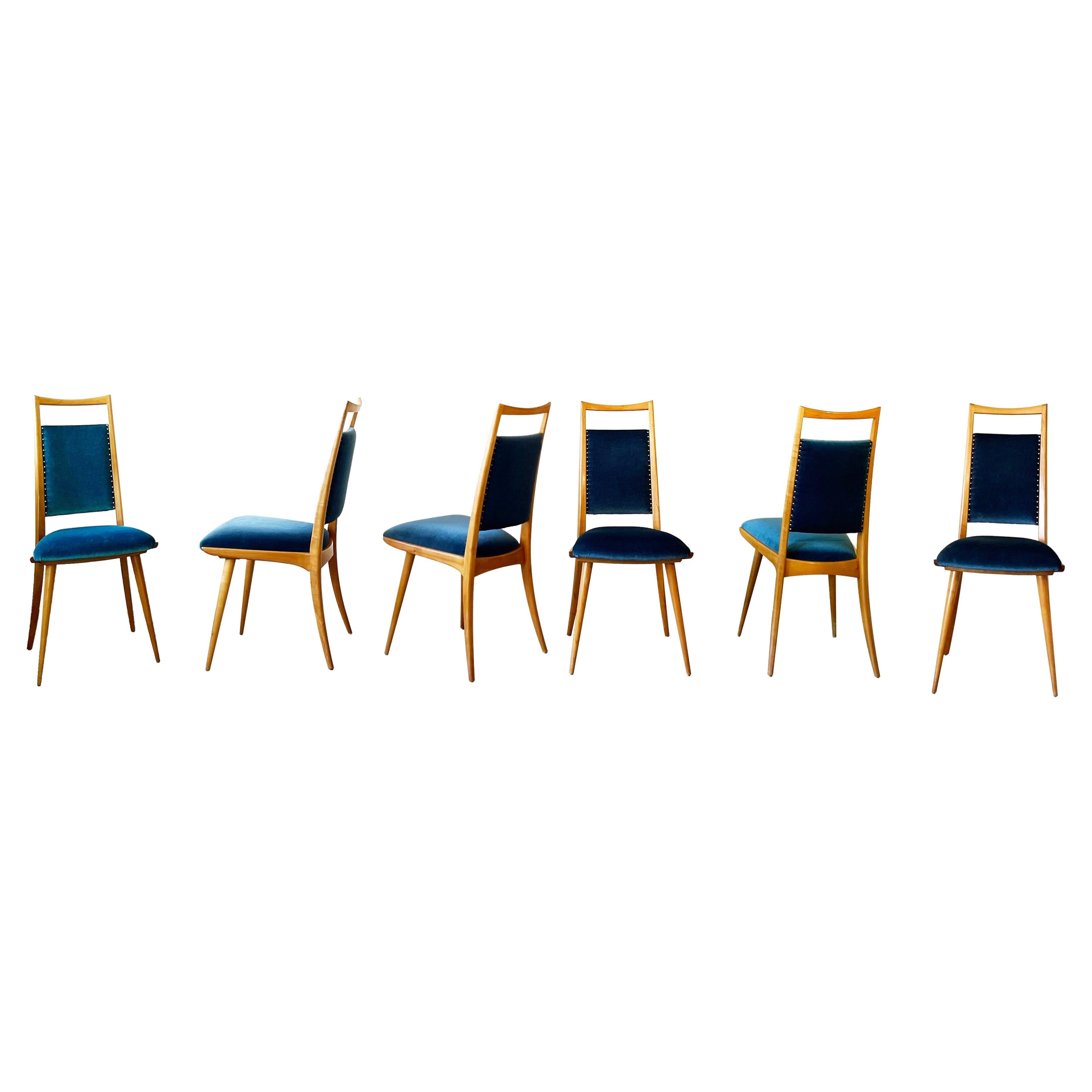Set of 6 Mid Century Dining Chairs, Turquoise Velvet by Dettinger, Germany For Sale
