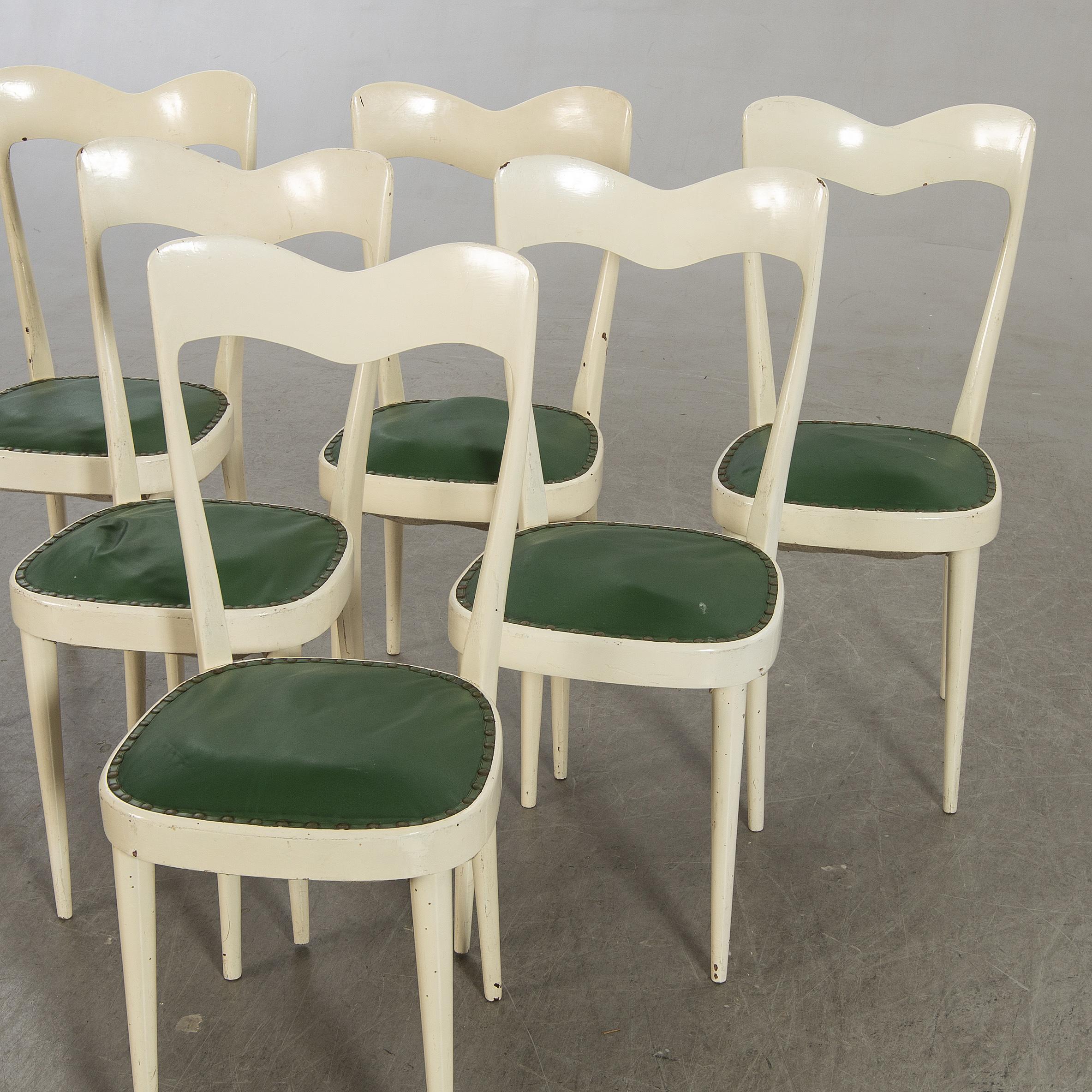 Mid-Century Modern Set of 6 Mid Century Dining Chairs with Green Seats For Sale