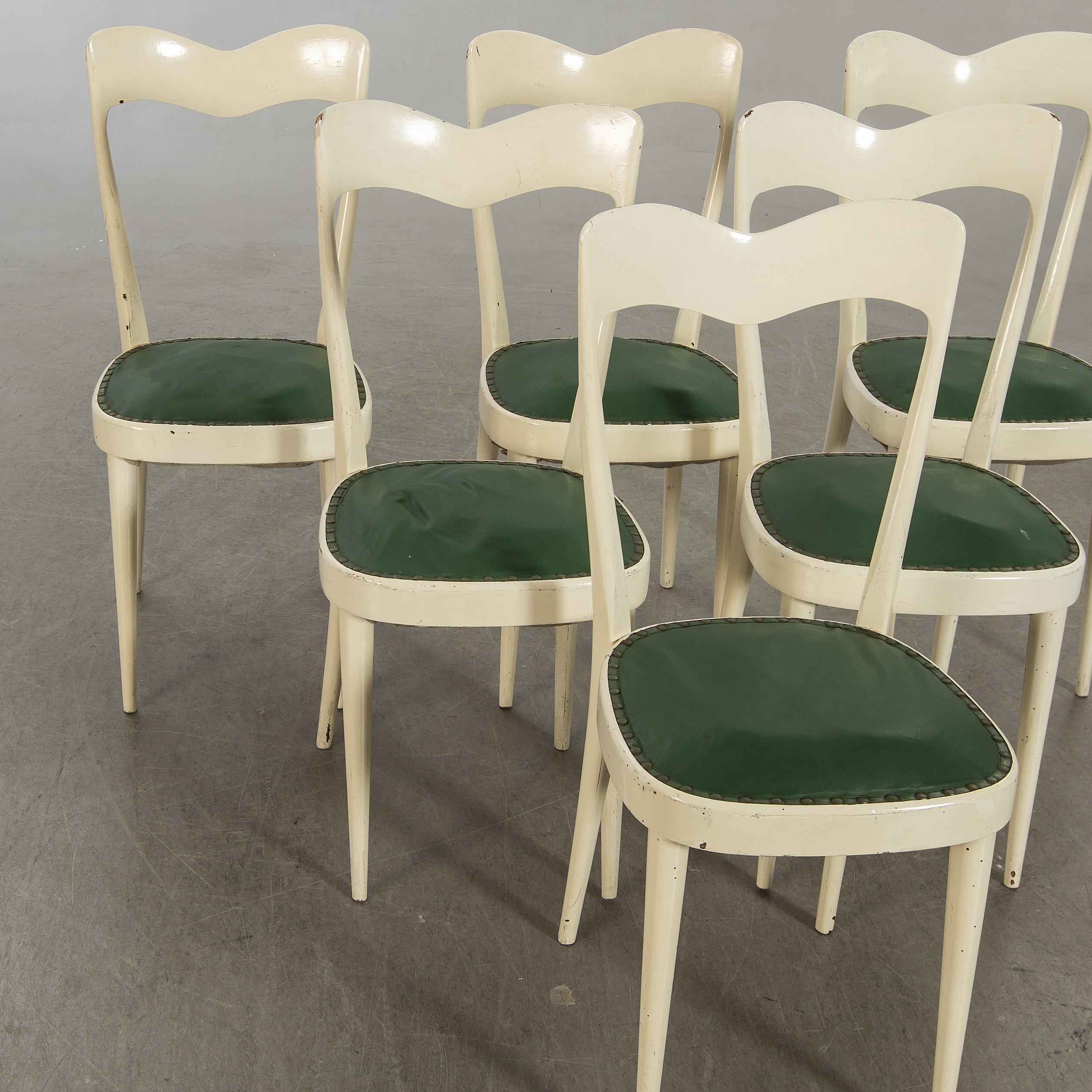 European Set of 6 Mid Century Dining Chairs with Green Seats For Sale