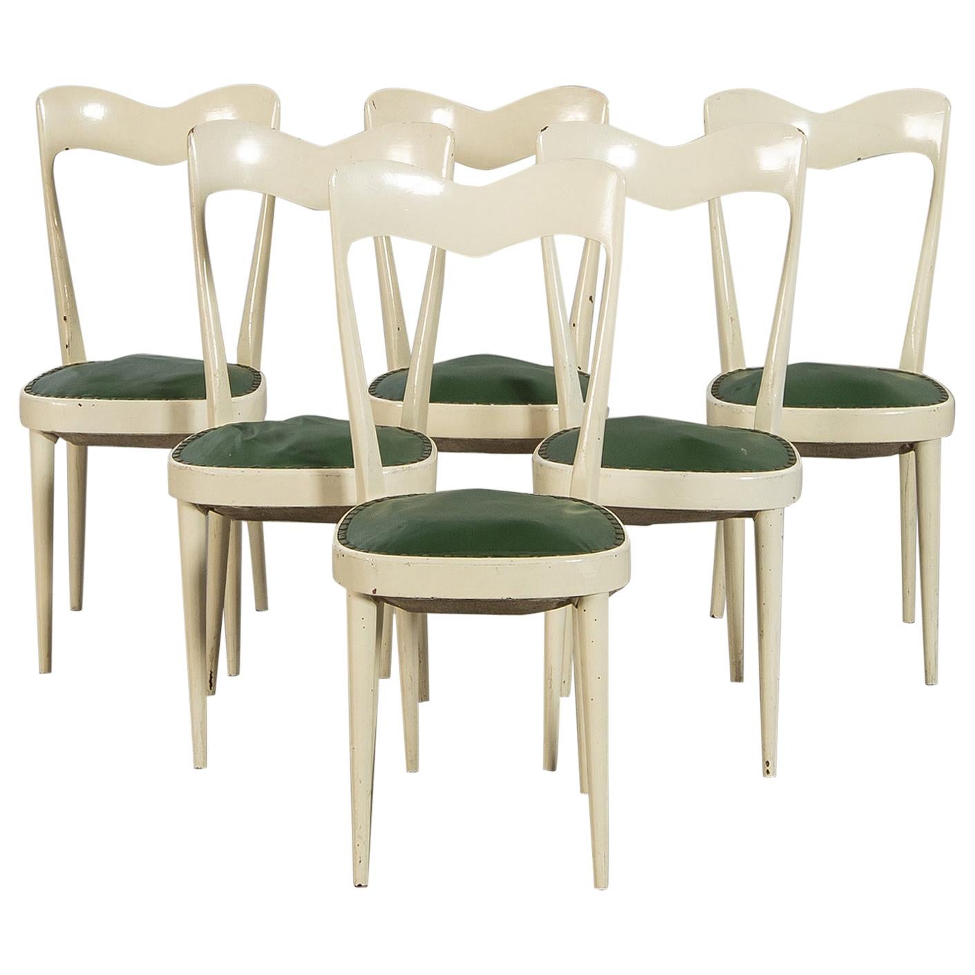 Set of 6 Mid Century Dining Chairs with Green Seats