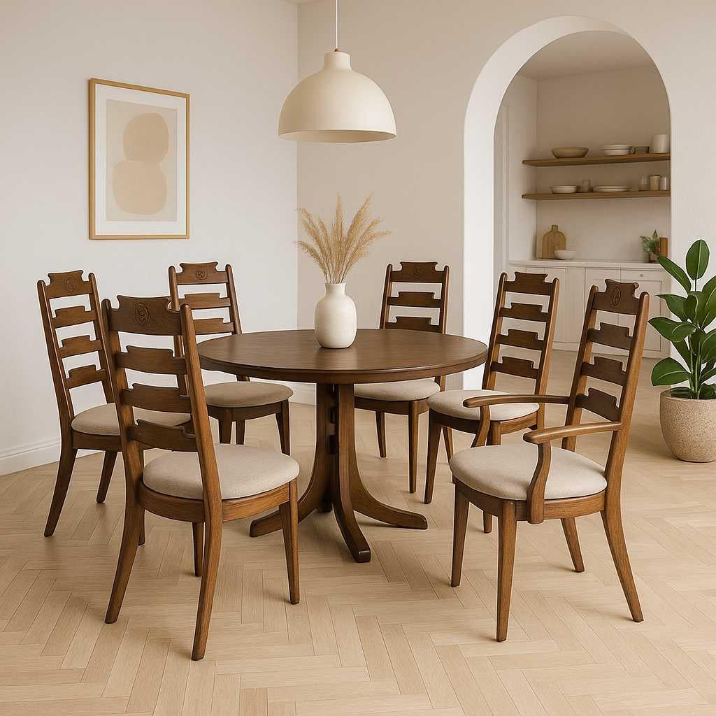 A distinctive set of six dining chairs in the mid-century modern tradition, crafted from solid wood and showcasing clean lines, tall backrests, and a warm walnut finish. This versatile set includes two armchairs and four side chairs, blending