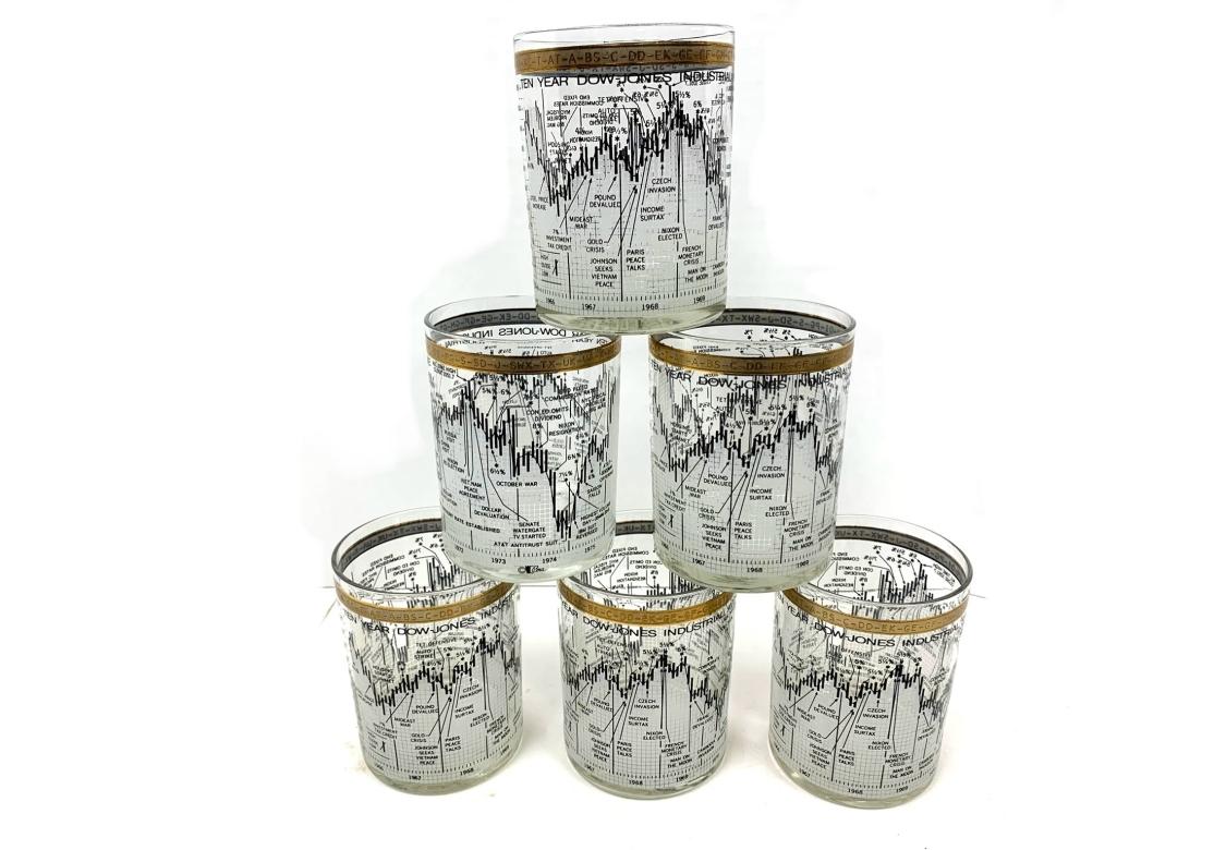 Set of 6 mid-century double old fashioned glasses commemorating highlights of  ten years of Dow Jones Industrial Average from 1966 to 1976. Made by Cora. The clear glasses with frosted and black graphic design, 24 K gold banding around border with