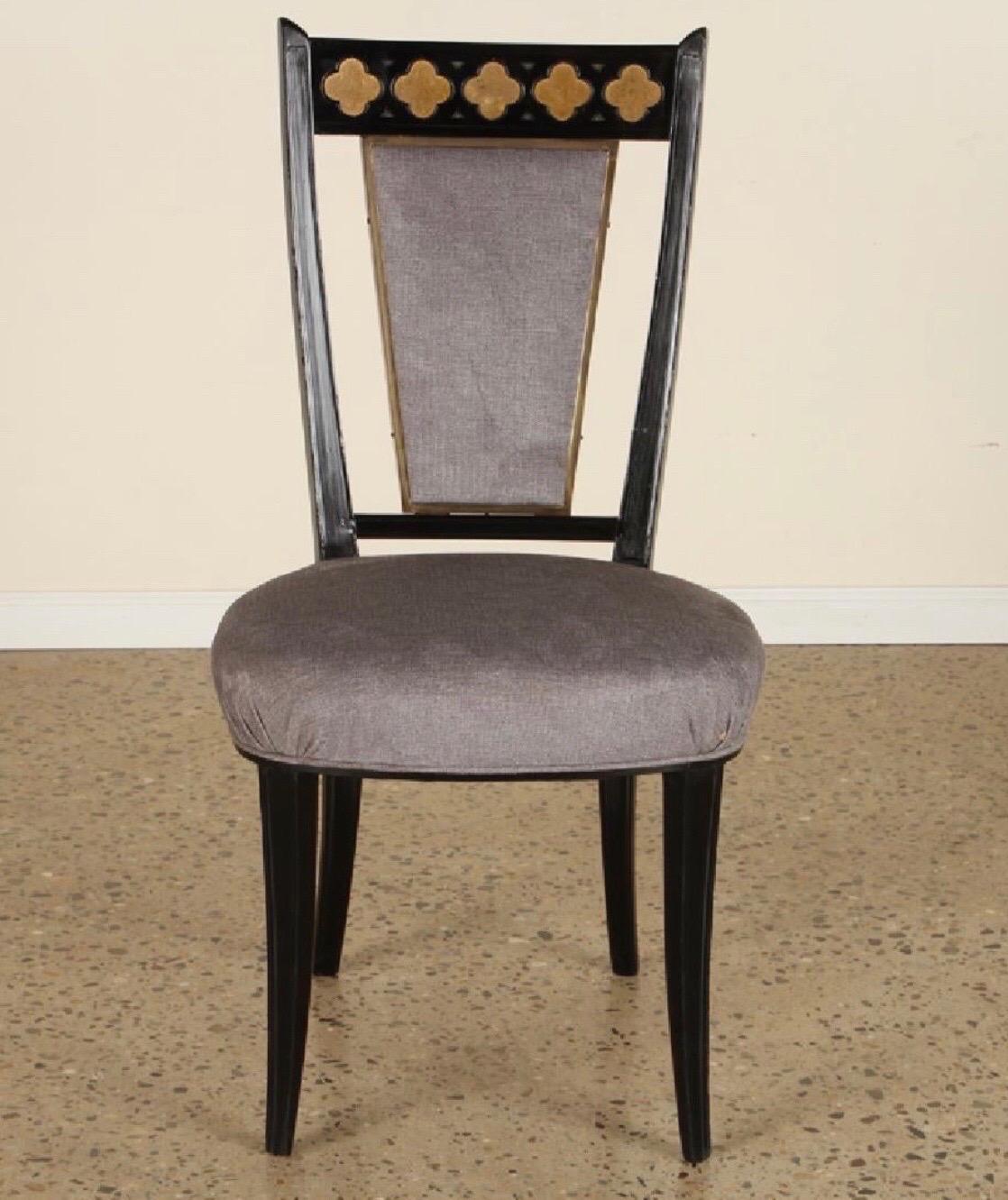 American Set of 6 Midcentury Ebonized Dining Chairs with Bronzed Decoration For Sale
