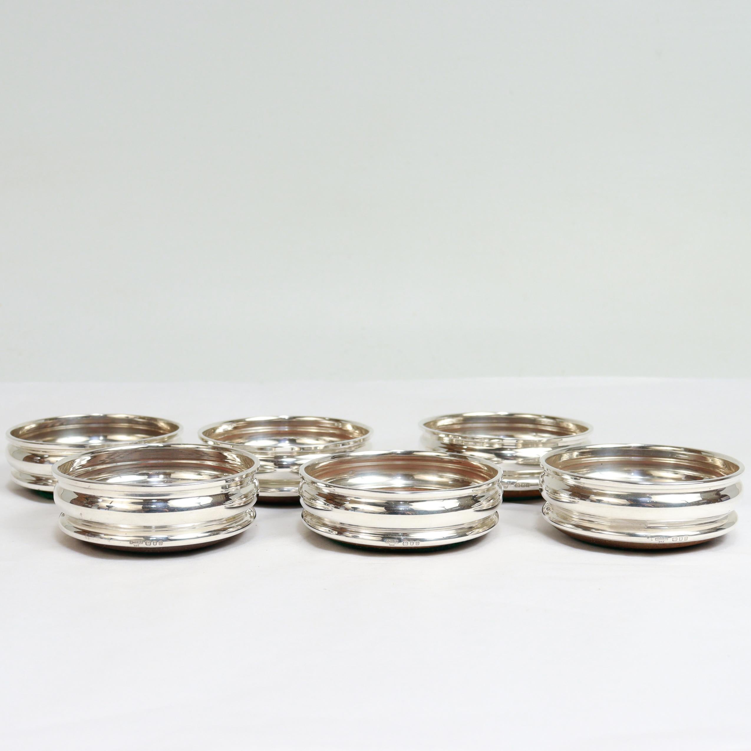 Set of 6 Mid-Century English Sterling Silver & Wood Cup Coasters by Chick & Sons For Sale 4