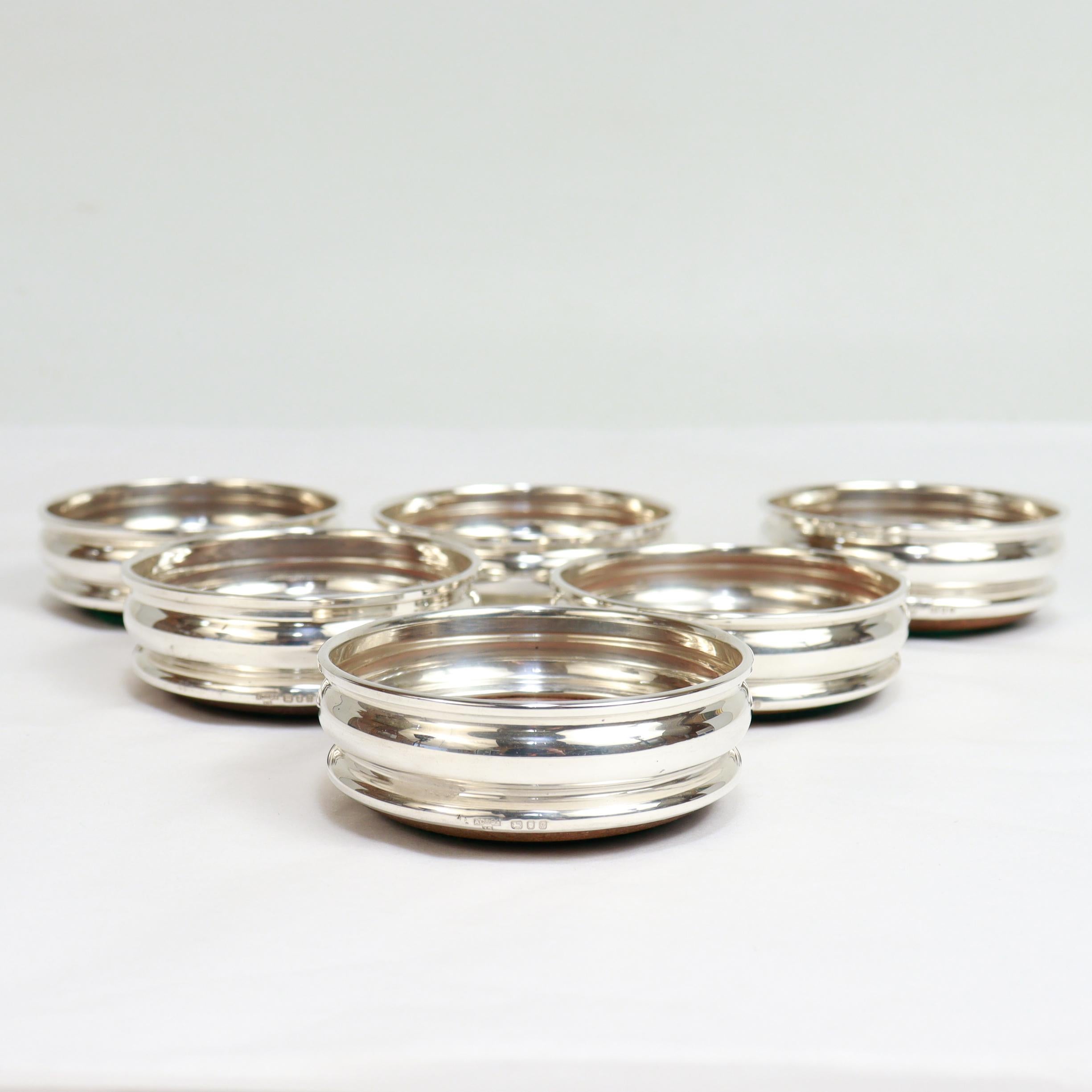 Set of 6 Mid-Century English Sterling Silver & Wood Cup Coasters by Chick & Sons For Sale 5