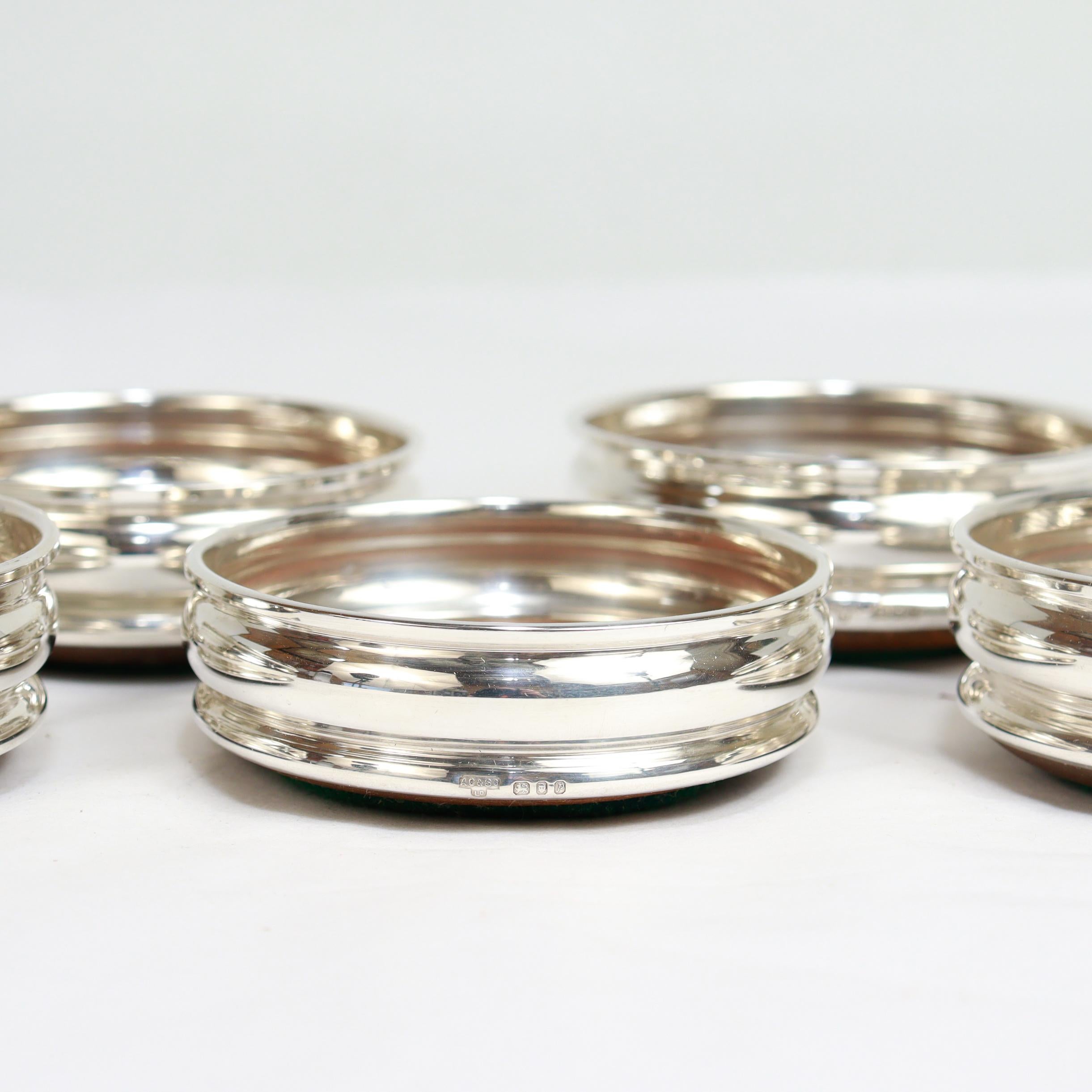 Set of 6 Mid-Century English Sterling Silver & Wood Cup Coasters by Chick & Sons For Sale 6