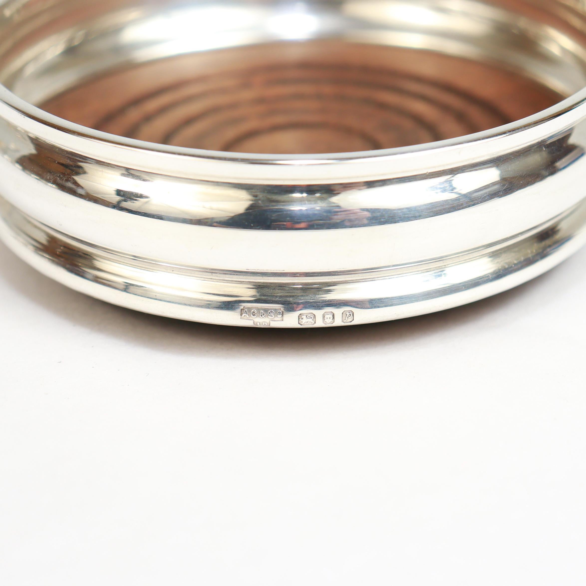 Set of 6 Mid-Century English Sterling Silver & Wood Cup Coasters by Chick & Sons For Sale 7