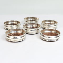 Set of 6 Mid-Century English Sterling Silver & Wood Cup Coasters by Chick & Sons