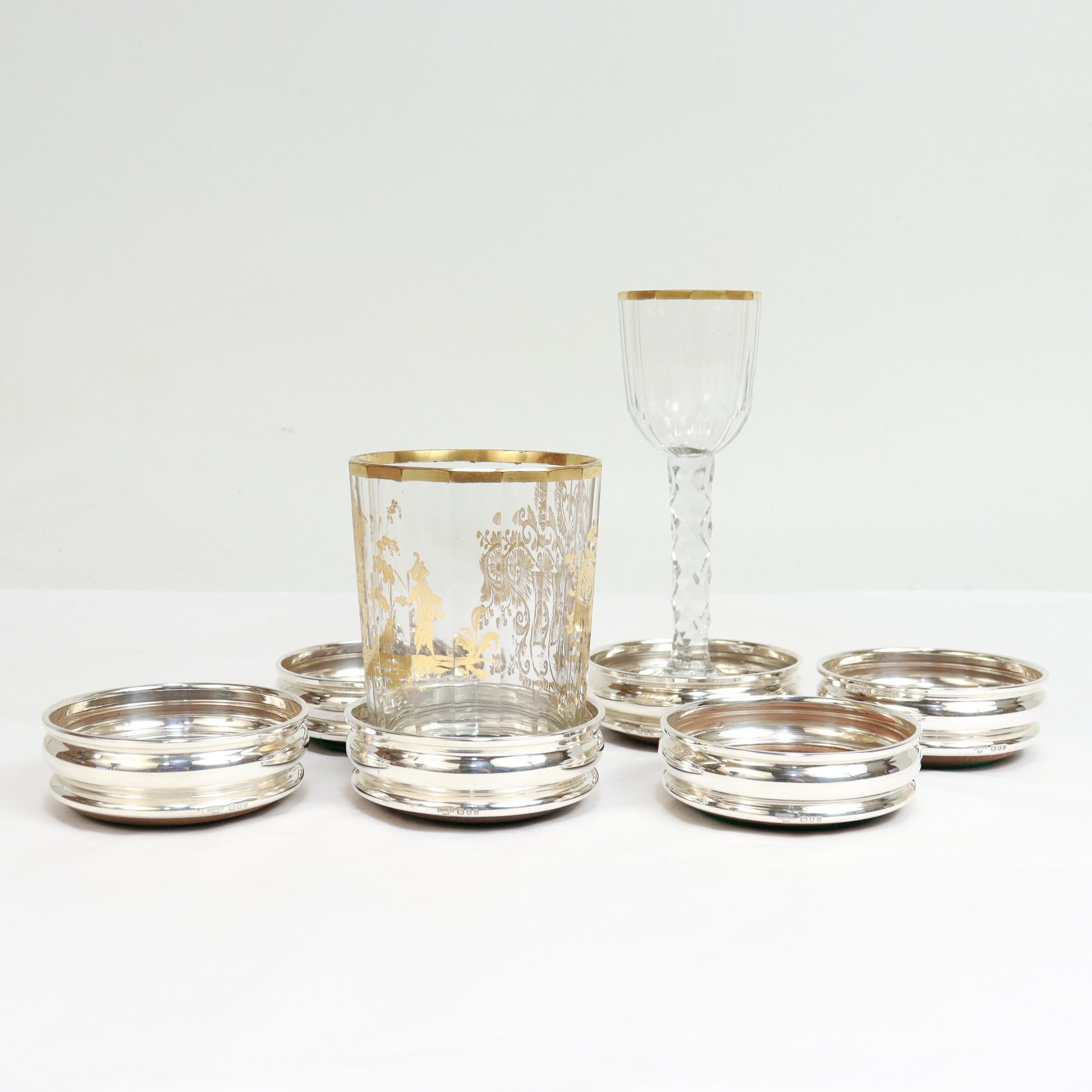Modern Set of 6 Mid-Century English Sterling Silver & Wood Cup Coasters by Chick & Sons For Sale