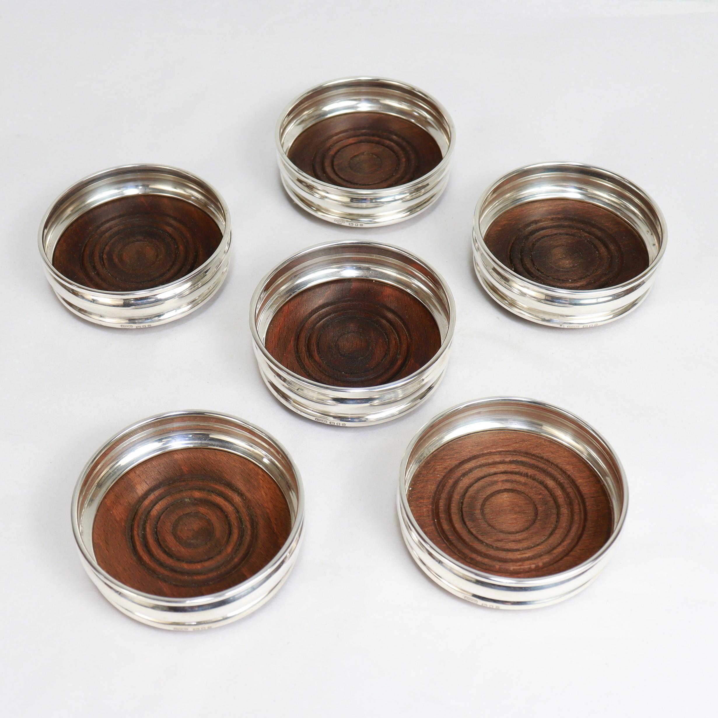 Set of 6 Mid-Century English Sterling Silver & Wood Cup Coasters by Chick & Sons In Good Condition For Sale In Philadelphia, PA