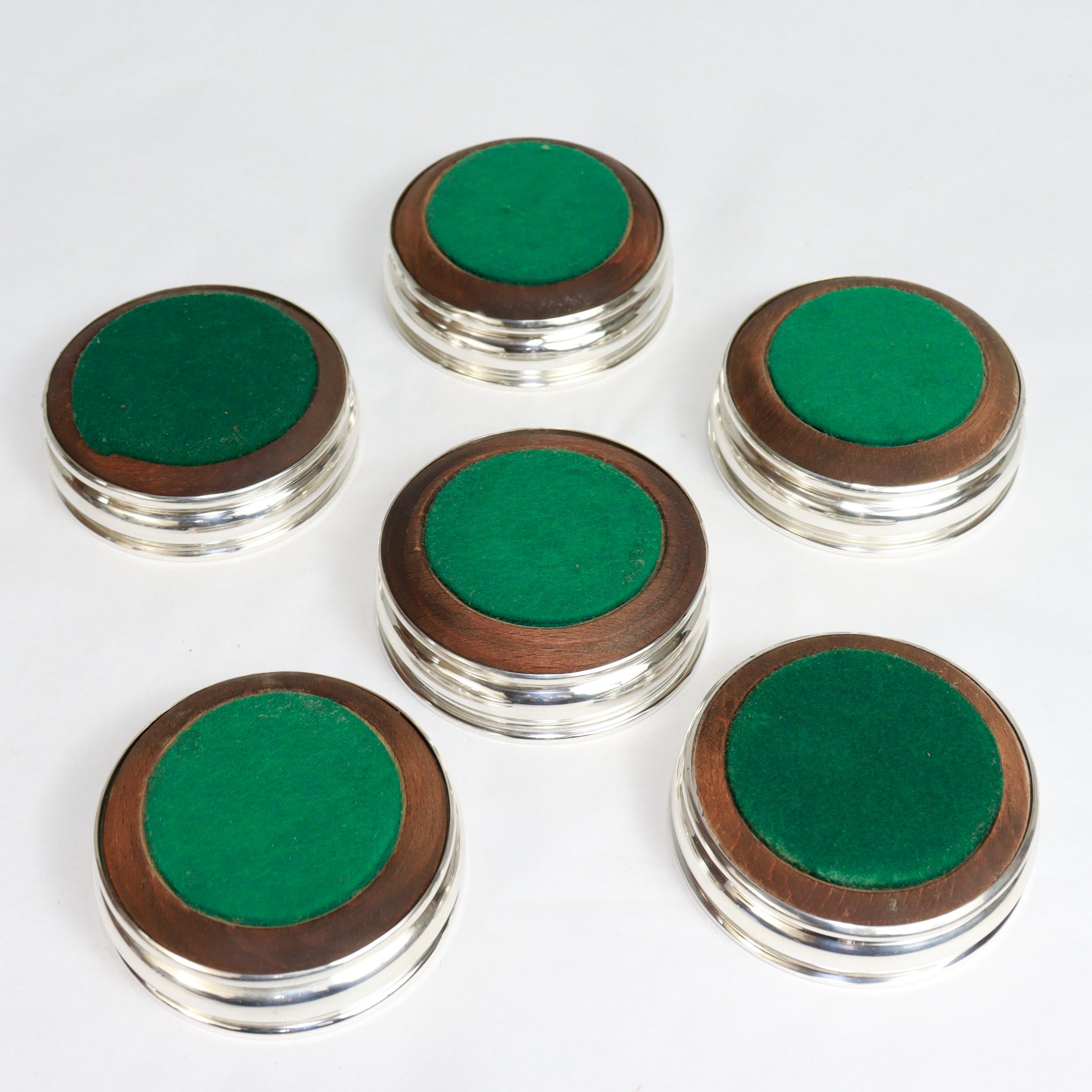 Late 20th Century Set of 6 Mid-Century English Sterling Silver & Wood Cup Coasters by Chick & Sons For Sale