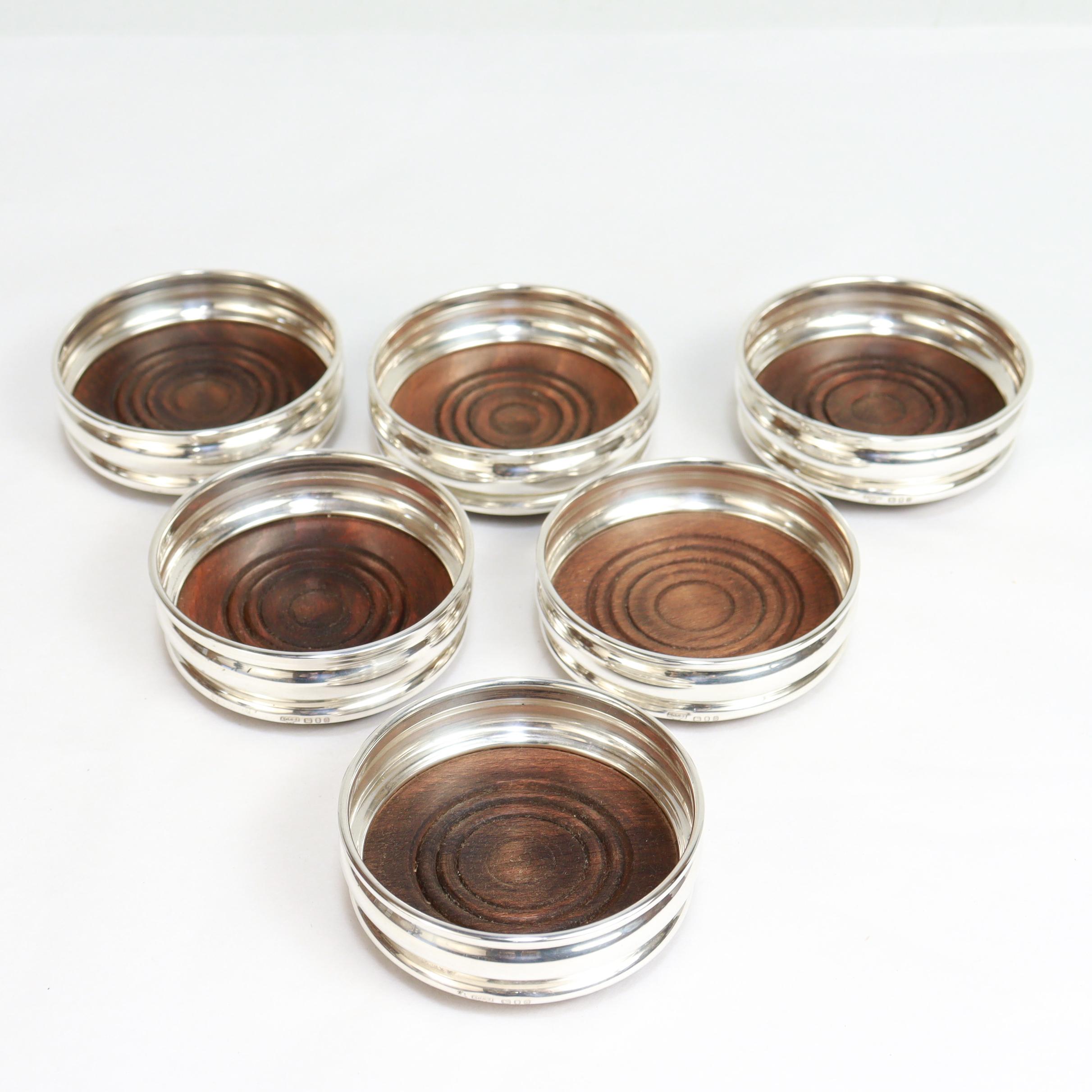 Set of 6 Mid-Century English Sterling Silver & Wood Cup Coasters by Chick & Sons For Sale 2