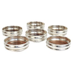 Set of 6 Mid-Century English Sterling Silver & Wood Cup Coasters by Chick & Sons