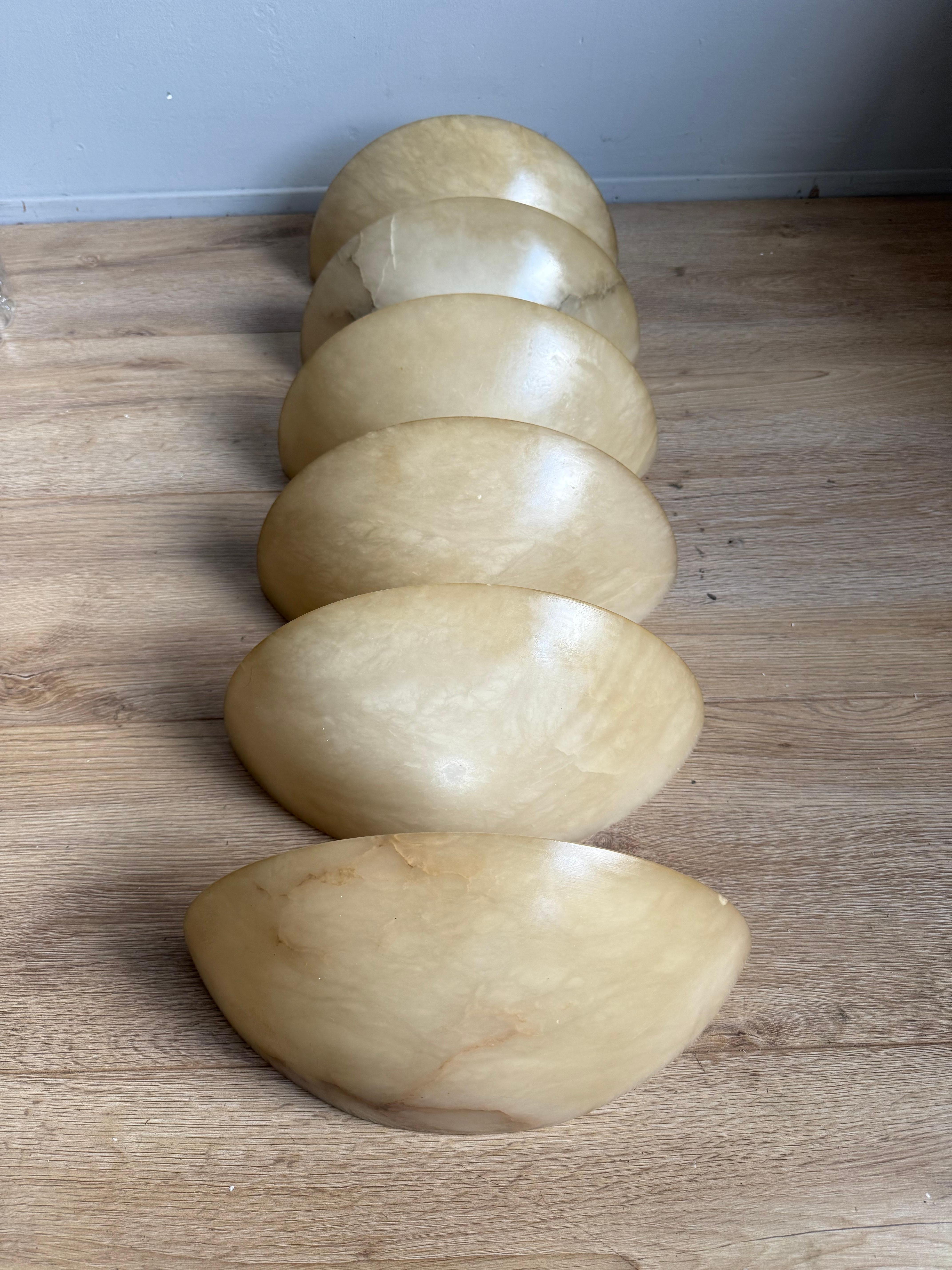 Hand-Carved Set of 6 Mid-Century Era, Art Deco Style, Good Condition Alabaster Wall Sconces For Sale