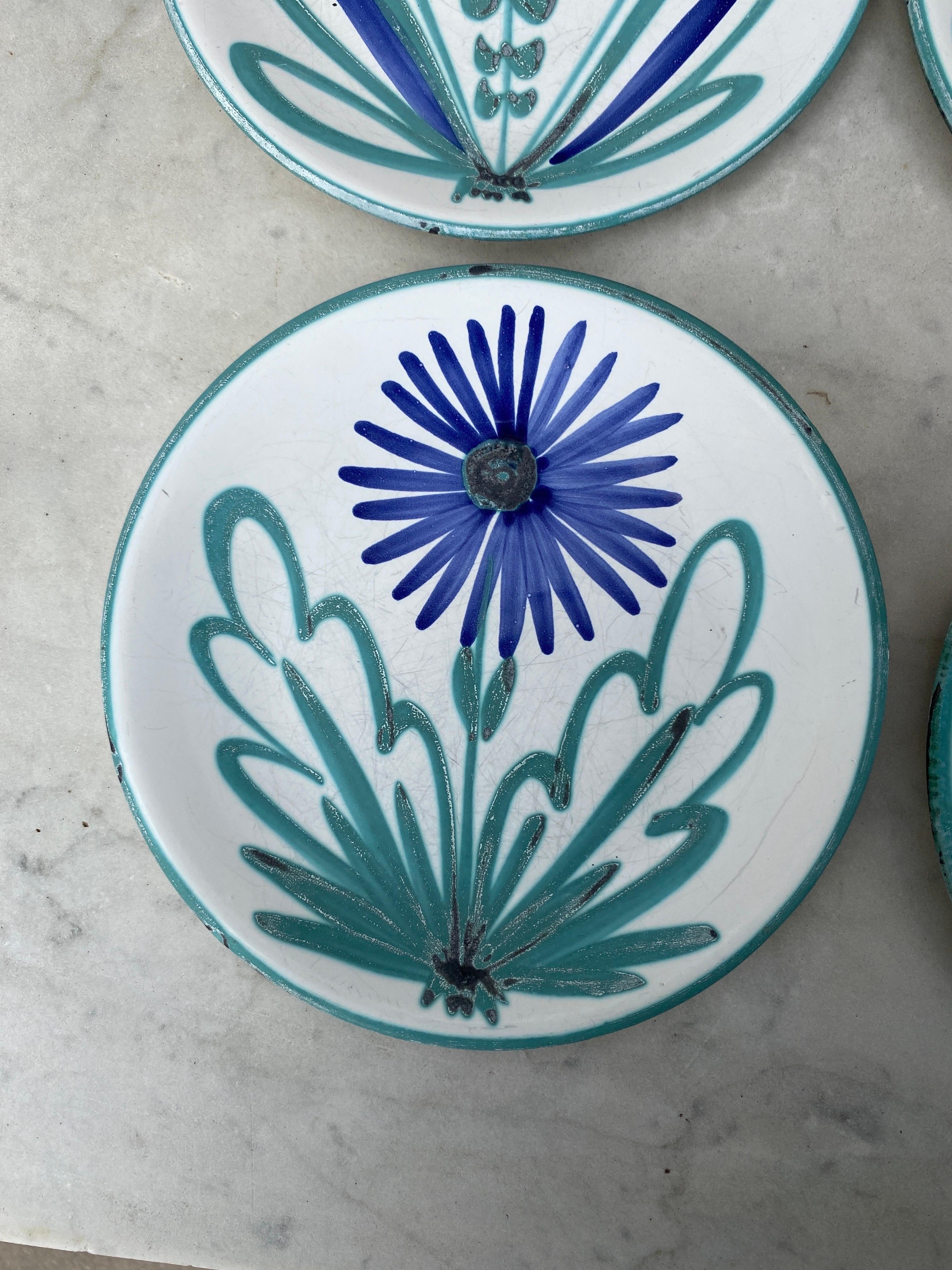 Ceramic Set of 6 Mid-Century Flowers Plates Robert Picault Vallauris