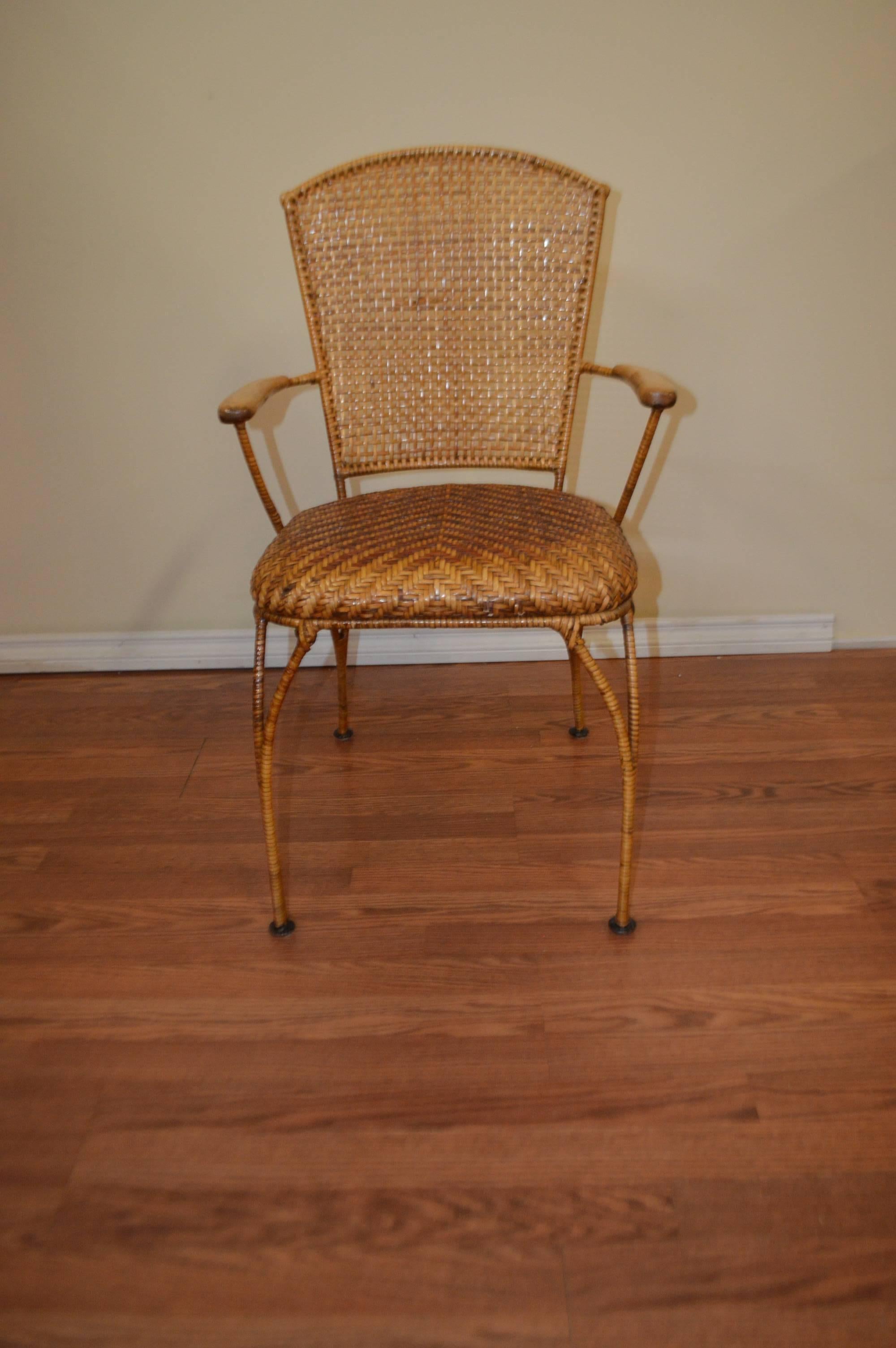 Unusual midcentury all caned dining chairs found in France. The seat cane has a charming variation in color.
