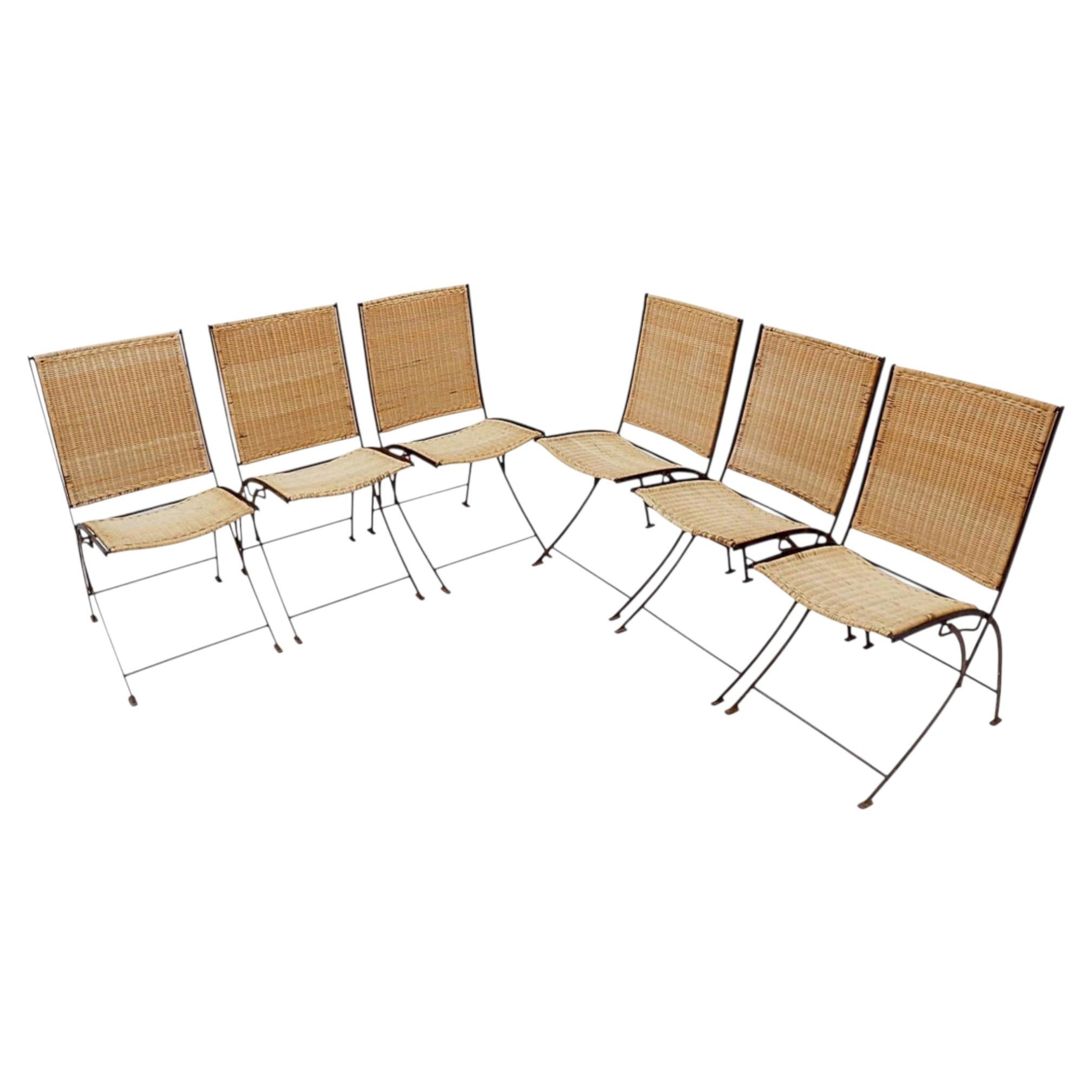 Set of 6 Mid-century French folding chairs in wicker and iron, 1960s
