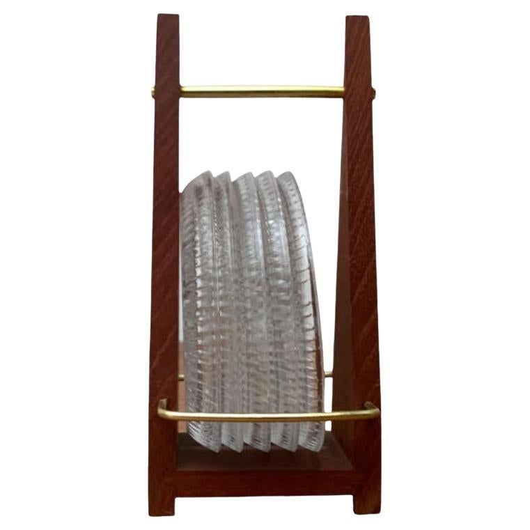 Set di 6 sottobicchieri in cristallo al piombo tedesco di metà secolo con vassoio in teak, anni '60