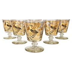 Set of 6 Mid Century Gold Peacock Wine Glasses by Osborne Kemper Thomas
