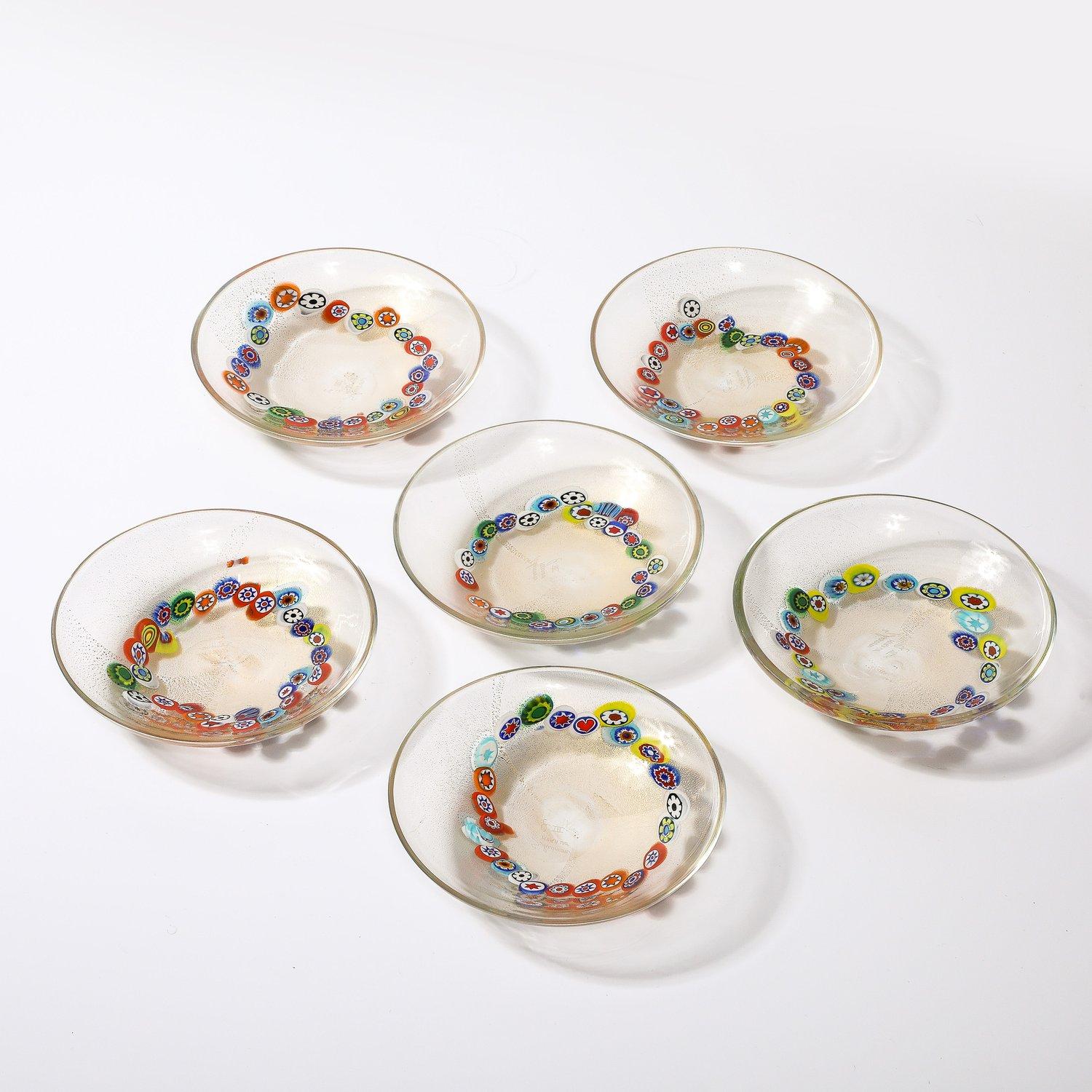 Juego de 6 Platos Millifiori de Murano Soplados a Mano de Mediados de Siglo y Fleck de Oro de 24 Kilates Italiano en venta