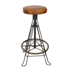 Set of 6 Mid Century Handmade Spanish Wrought Iron & Stitched Leather Bar Stools