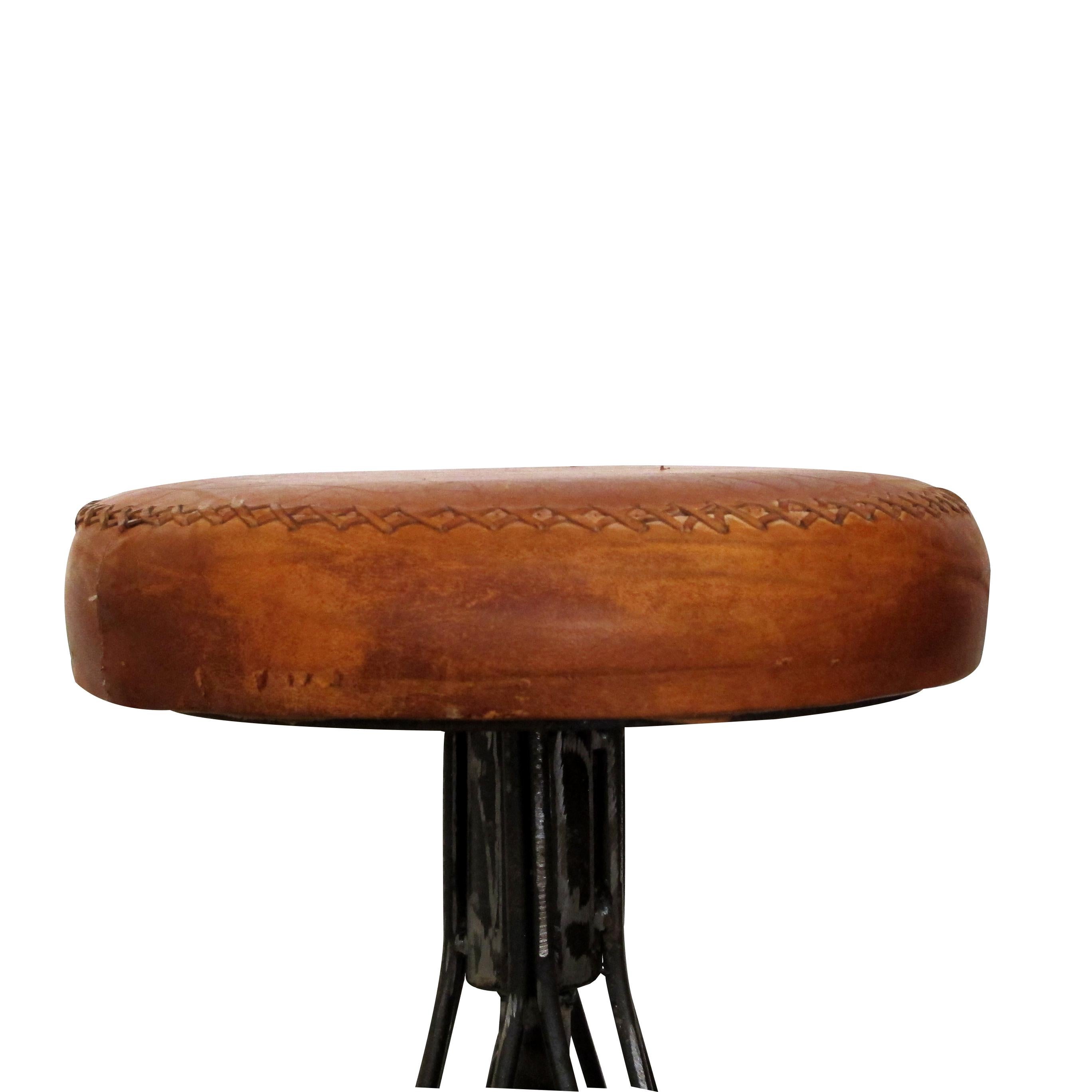 Mid-20th Century Set of 6 Mid Century Handmade Spanish Wrought Iron & Stitched Leather Bar Stools
