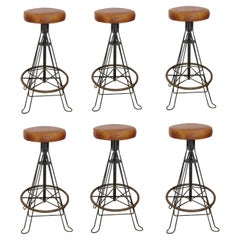 Set of 6 Mid Century Handmade Spanish Wrought Iron & Stitched Leather Bar Stools