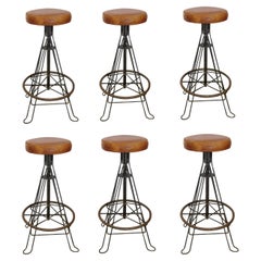 Set of 6 Mid Century Handmade Spanish Wrought Iron & Stitched Leather Bar Stools